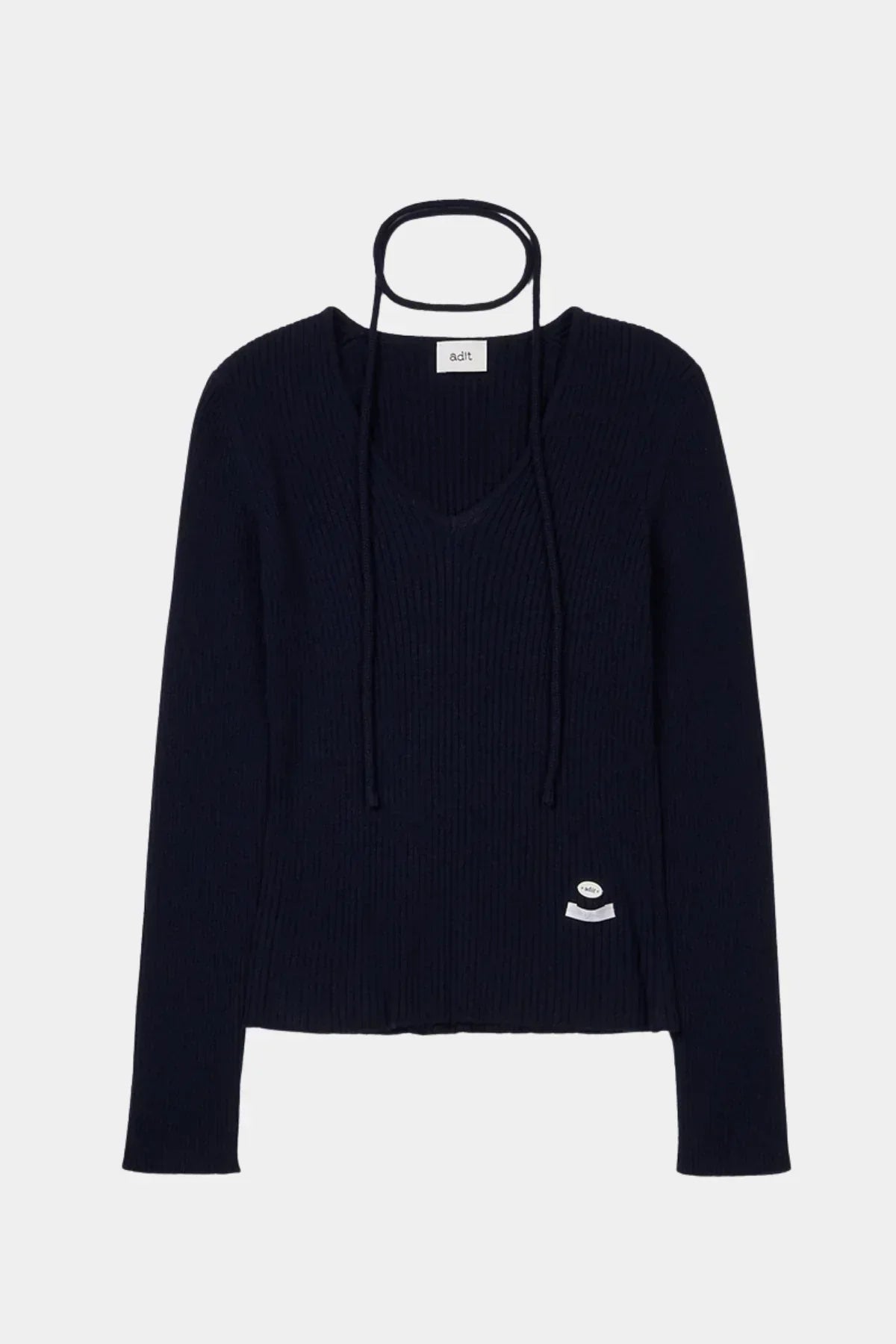Navy blue ribbed V-neck cashmere knit sweater with long sleeves and neck ties