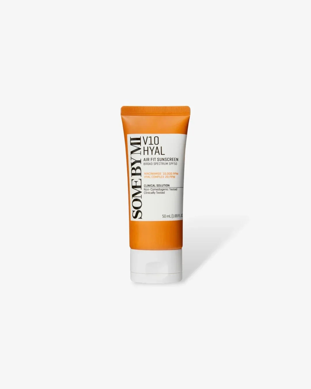 Orange and white tube of SOME BY MI V10 Hyal Air Fit Sunscreen SPF50 on white background