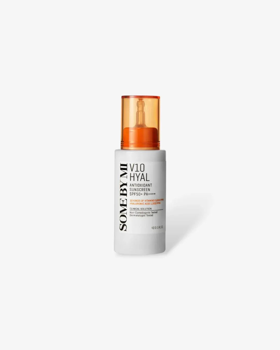 Some By Mi V10 Hyal antioxidant sunscreen with SPF50+ PA++++ in white bottle with orange cap