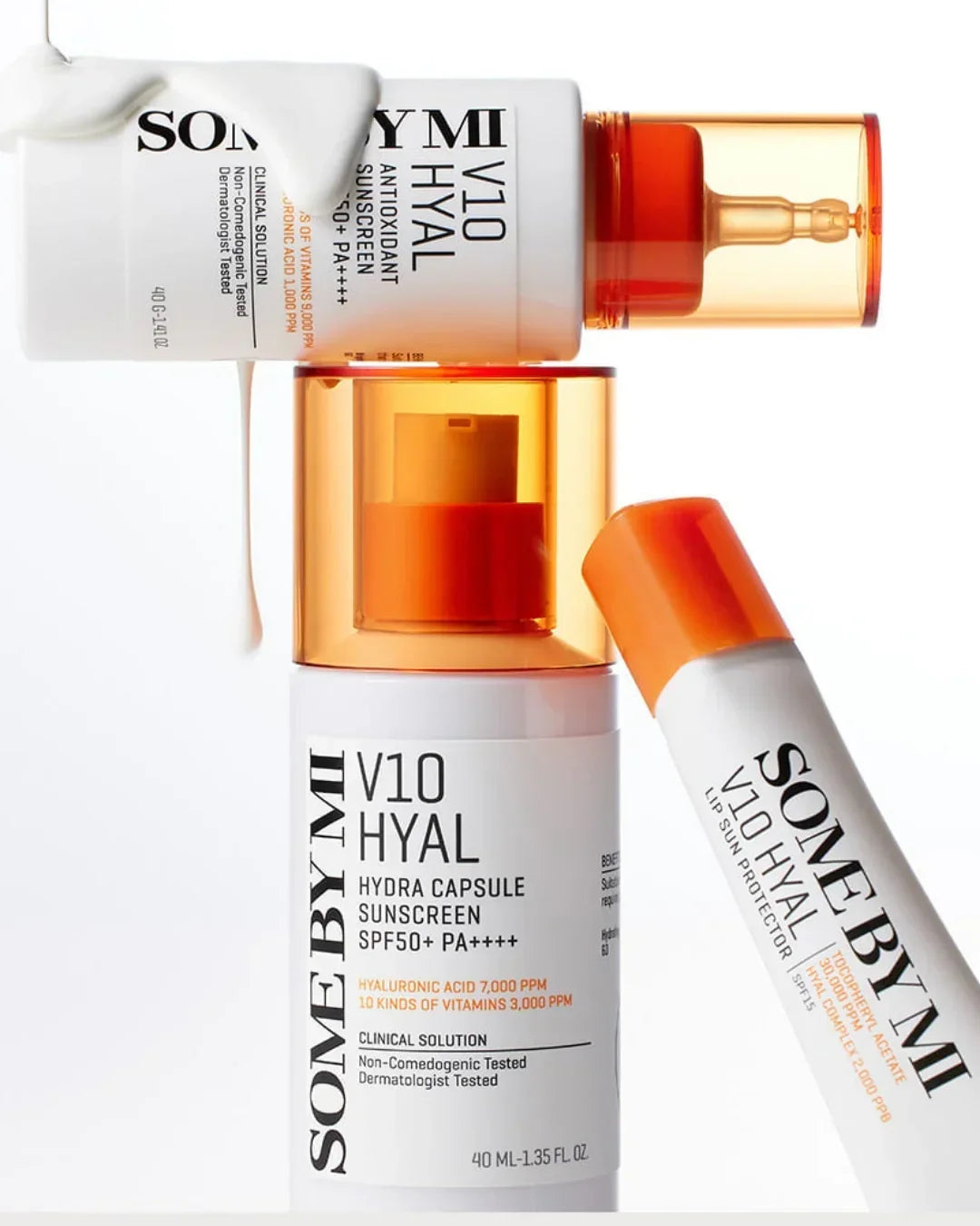 SOME BY MI V10 Hyal Hydra Capsule and Antioxidant Sunscreens with SPF50+ PA++++ in white bottles with orange caps