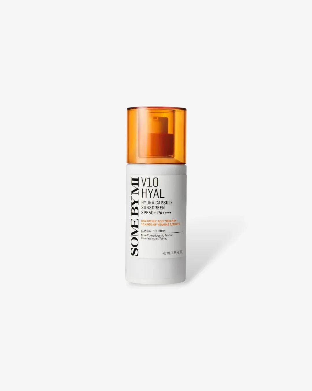 V10 Hyal Hydra Capsule Sunscreen bottle with SPF 50+ PA++++ and orange translucent cap on white background