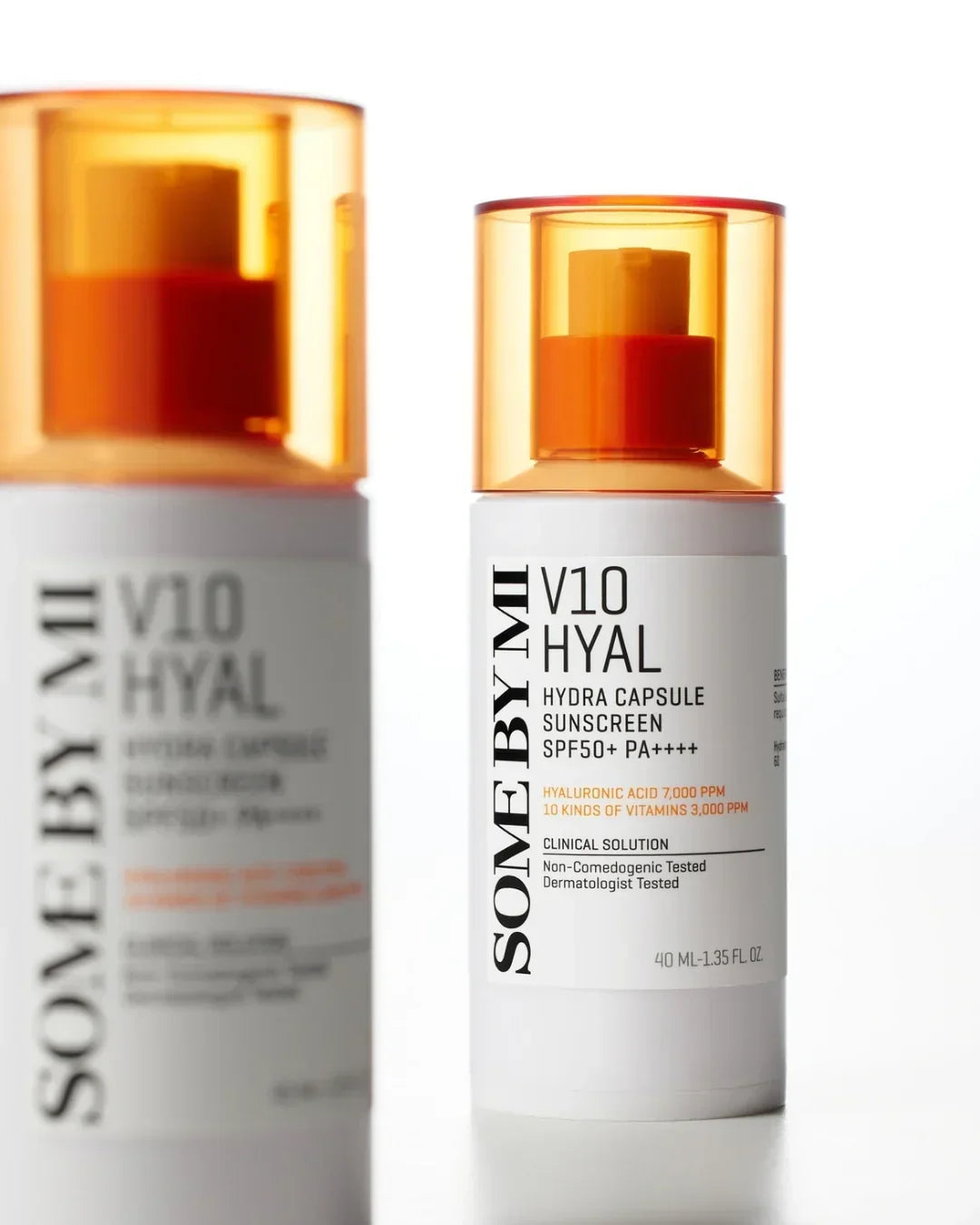 Bottle of Some By Mi V10 Hyal Hydra Capsule Sunscreen SPF50+ PA++++ with orange cap on white background