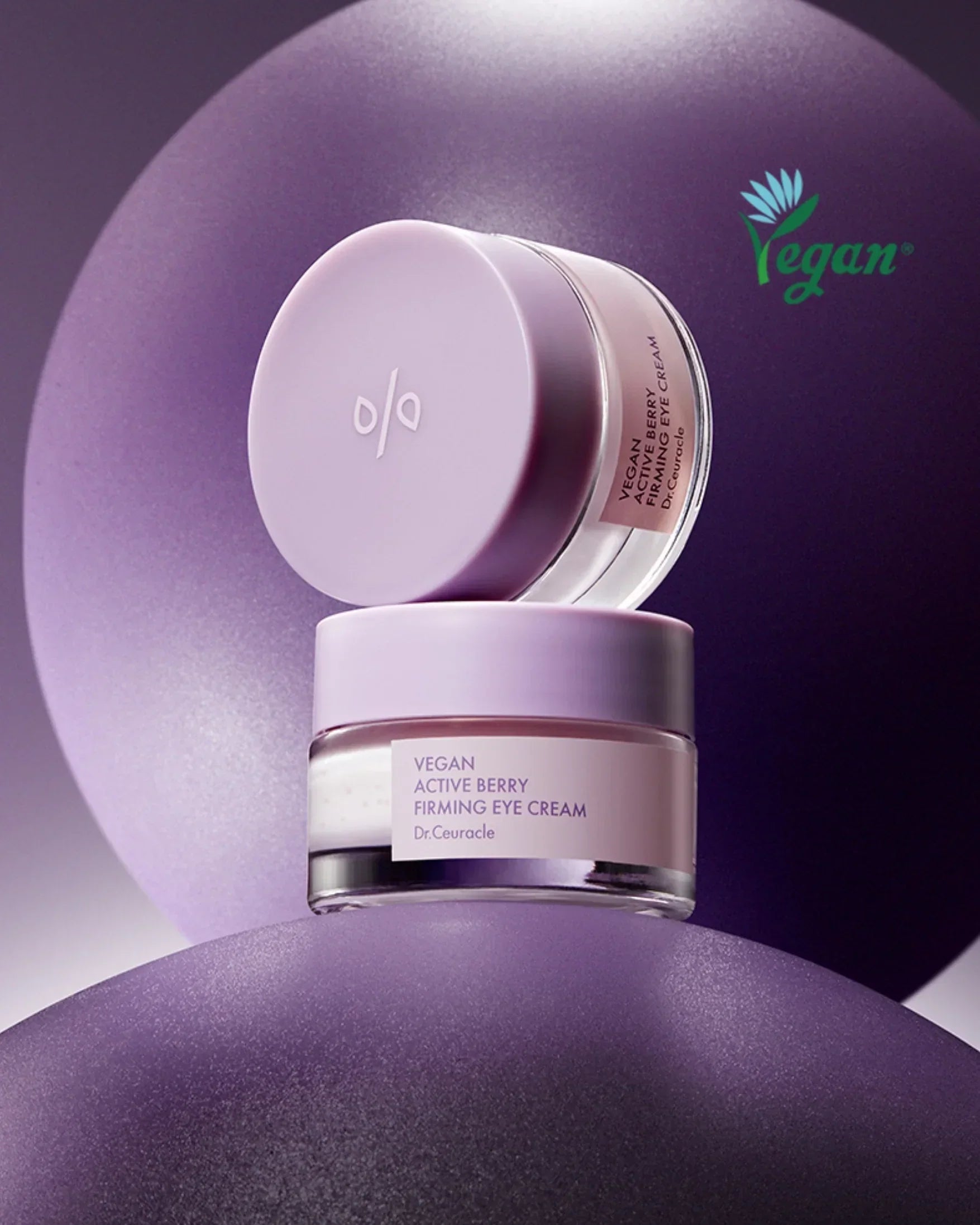Vegan Active Berry Firming Eye Cream jar by Dr.Ceuracle on purple spheres with vegan logo