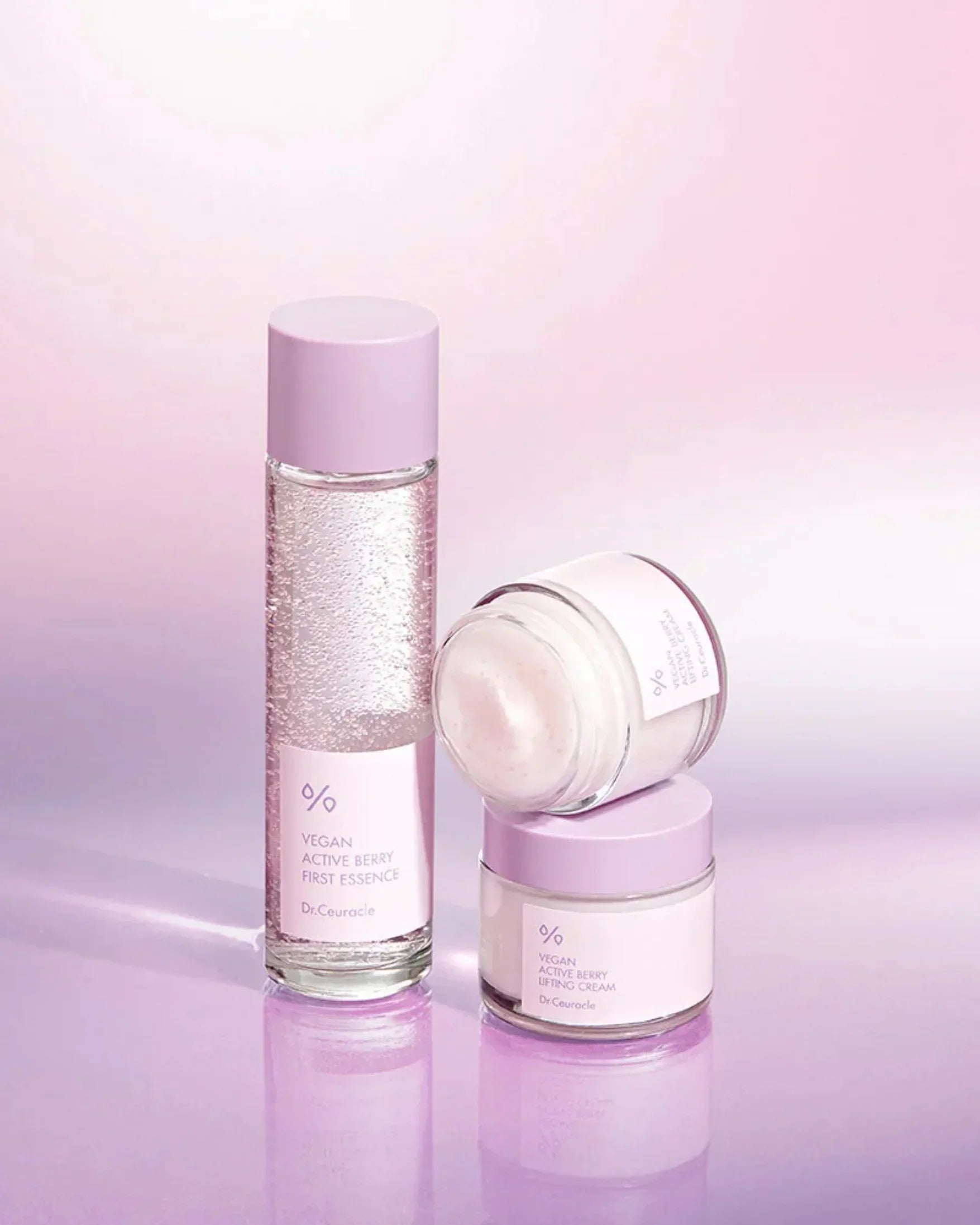 Dr. Ceuracle vegan active berry skincare set with first essence and lifting cream in pastel purple containers