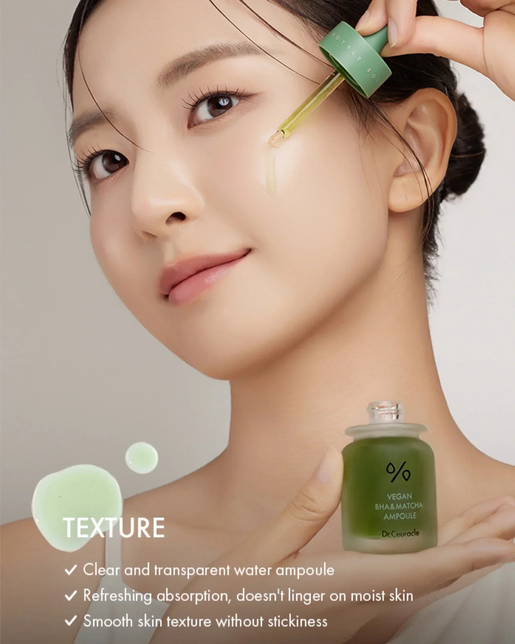 Woman applying vegan BHA and matcha ampoule serum to smooth, clear skin with refreshing texture