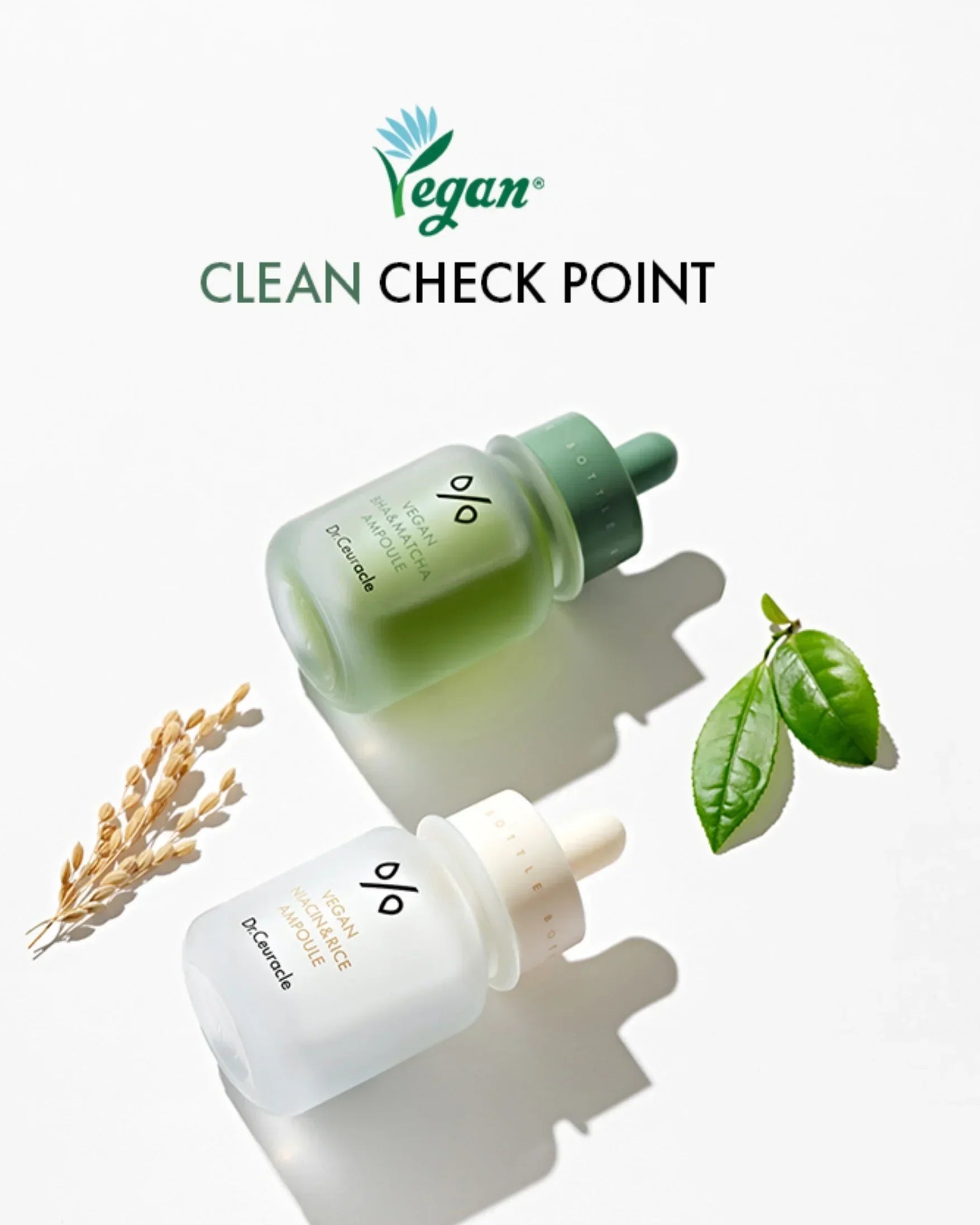 Two frosted glass bottles of vegan skincare ampoules with dropper caps, green matcha and white rice ingredients, natural plant elements