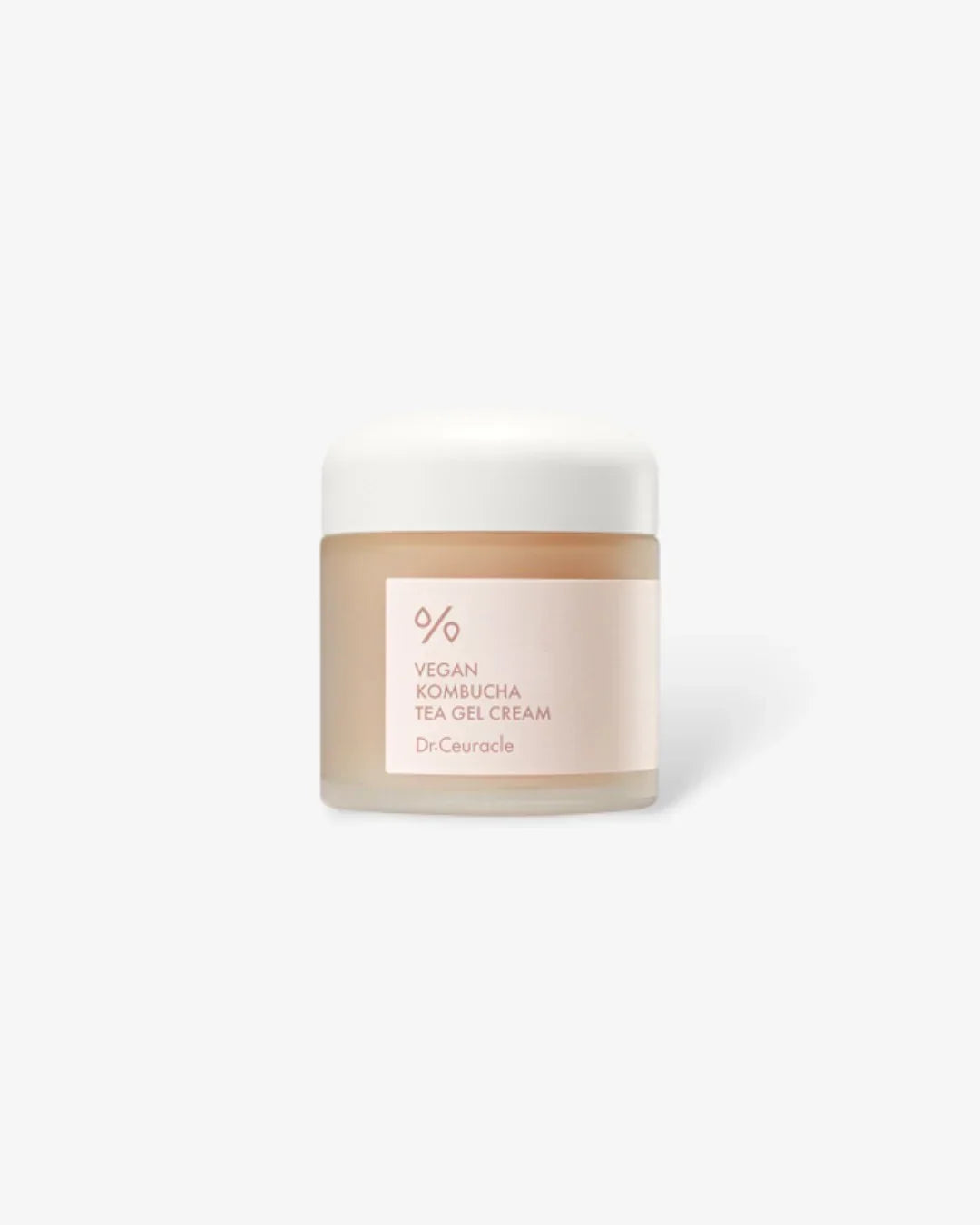 Jar of Dr.Ceuracle Vegan Kombucha Tea Gel Cream with white lid on plain background