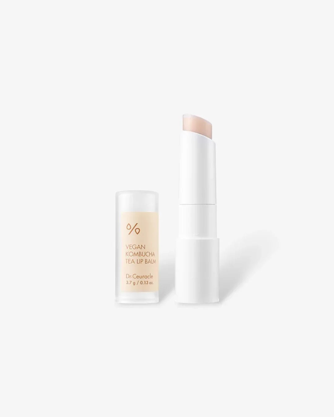 Vegan kombucha tea lip balm by Dr. Ceuracle with white tube and clear cap on white background