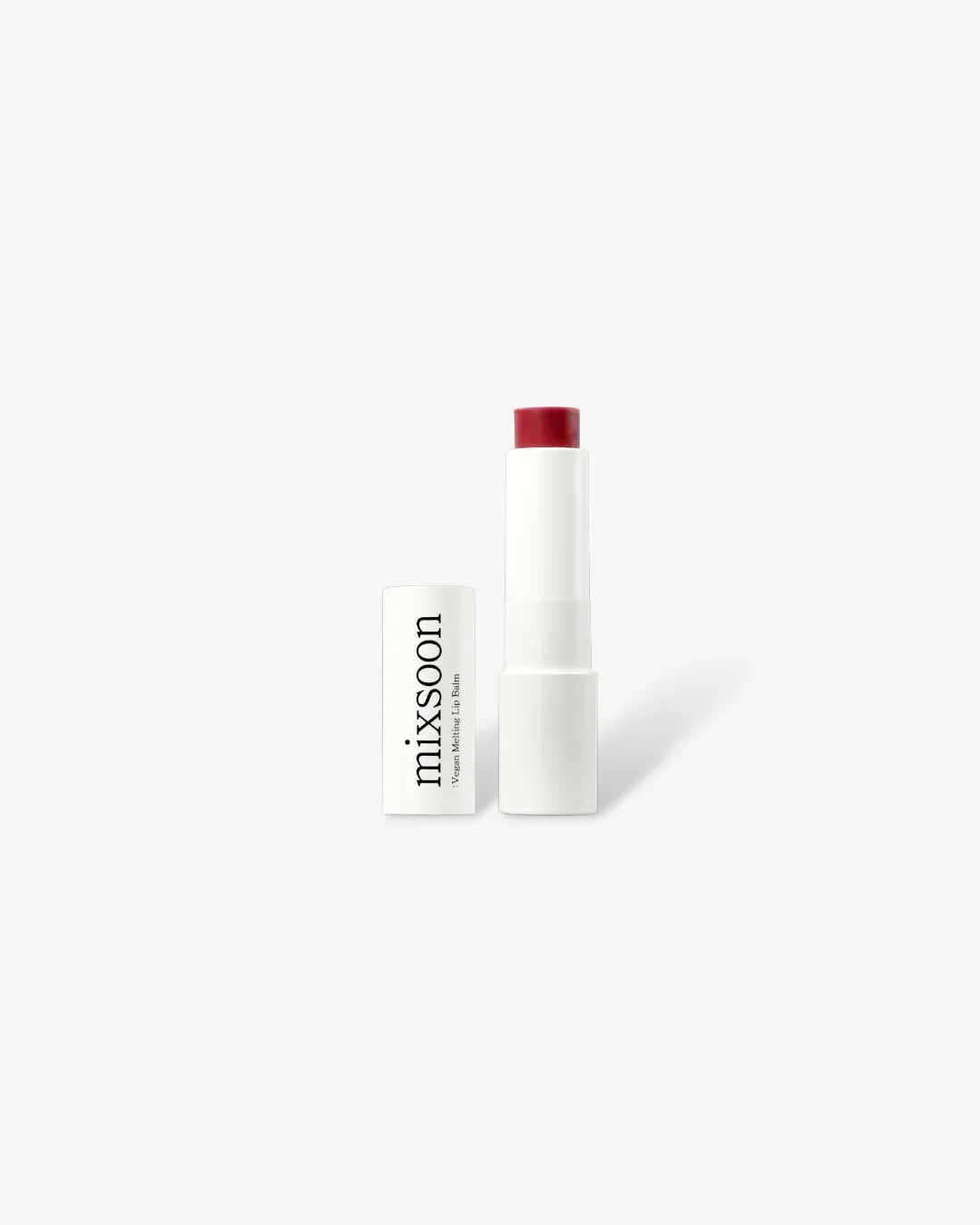 Mixsoon Vegan Melting Lip Balm in Dry Rose shade with white tube and cap on white background