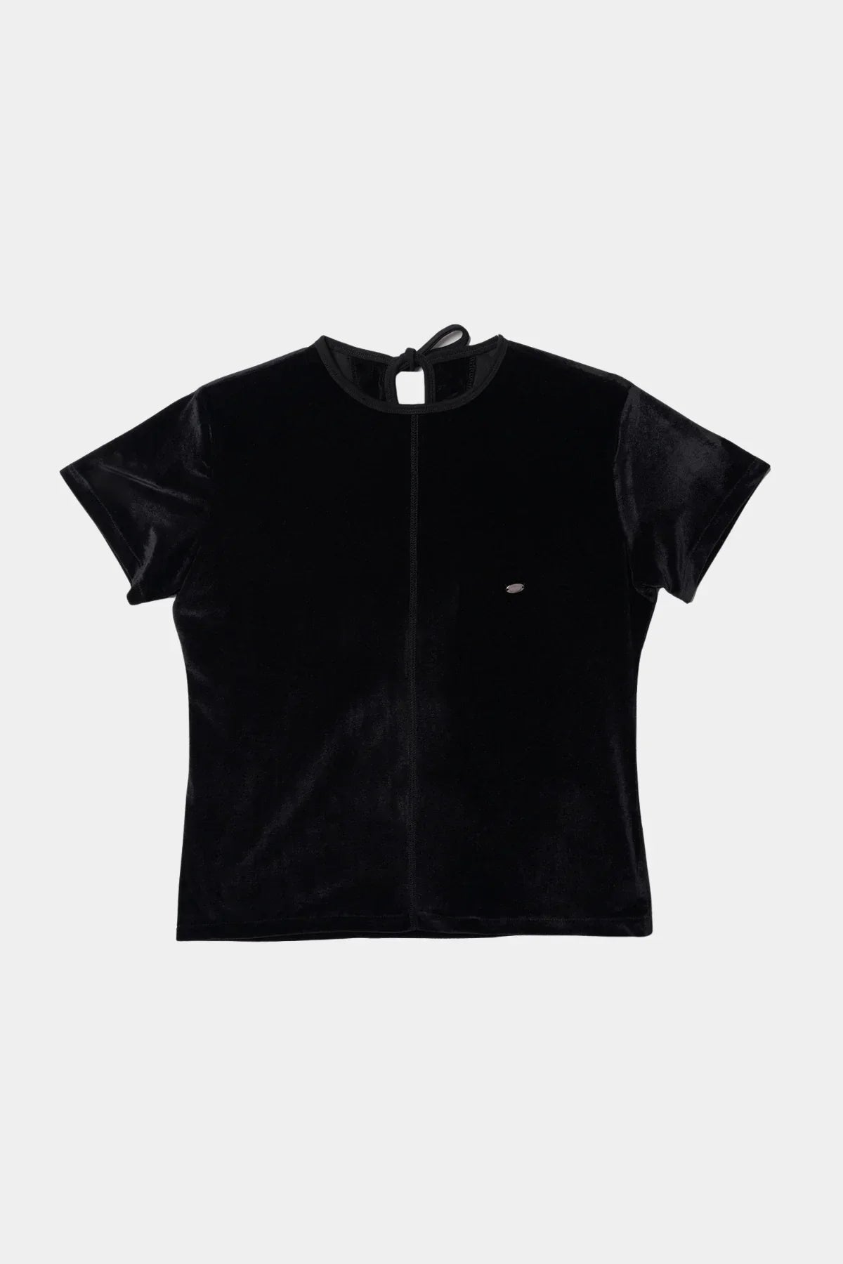 Black velvet short-sleeve women's t-shirt with back tie detail on white background