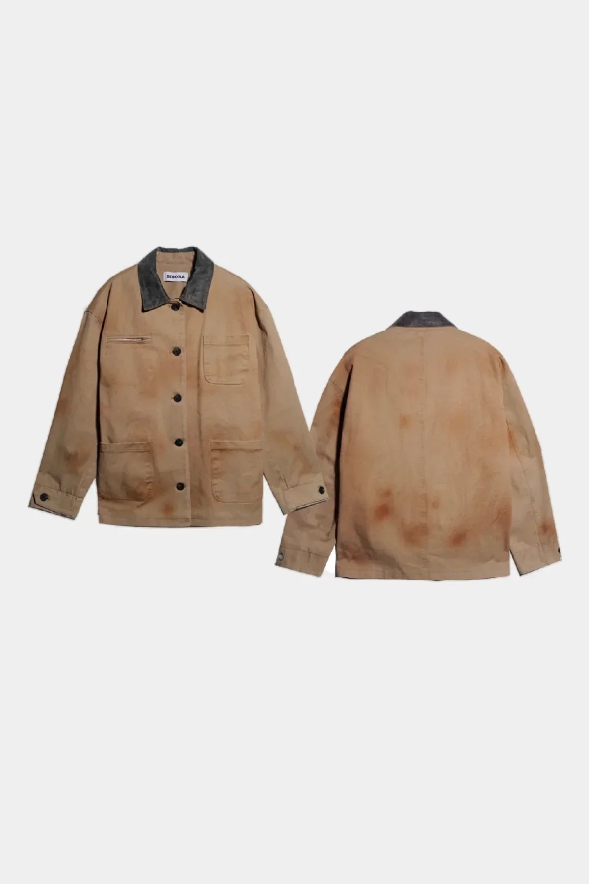 Beige vintage work jacket with black collar, front and back views, button closure and multiple pockets