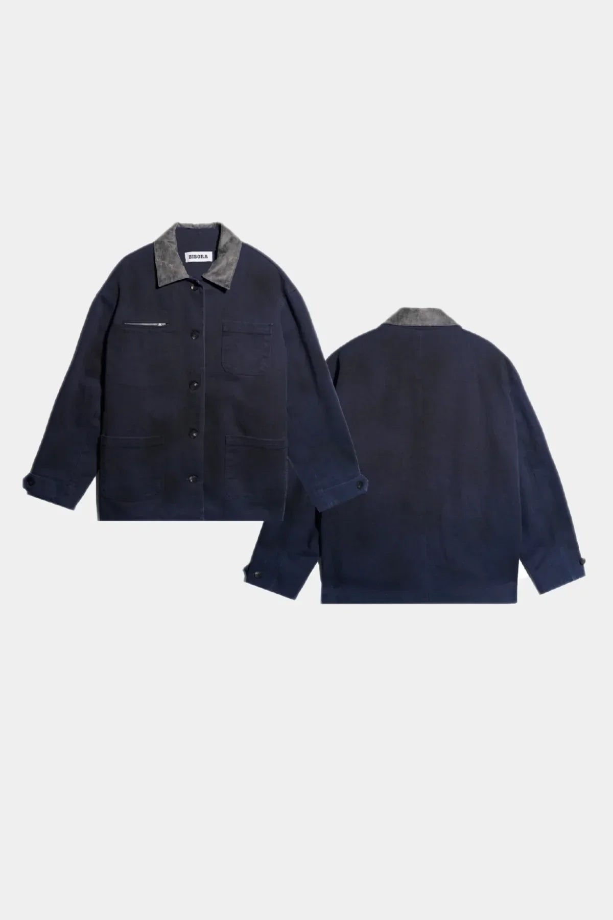 Navy vintage work jacket with button front and grey collar, front and back views