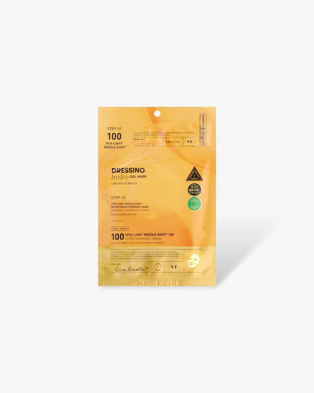 VT Dressing Hydro Gel Mask 2-step brightening skincare with Vita-Light Reedle Shot in yellow packaging