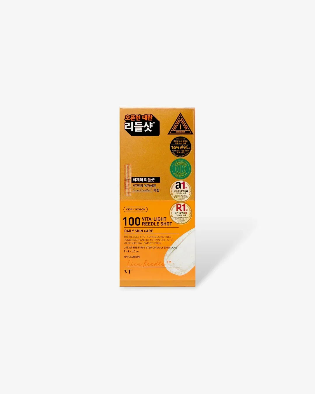 VT 100 Vita-Light Reedle Shot daily skincare product box with orange and gold design