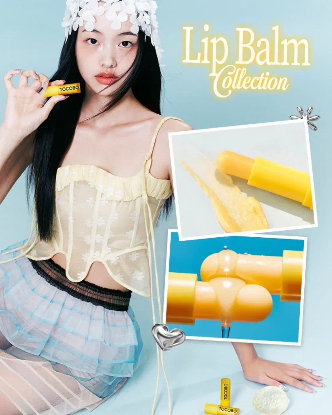 Young woman holding Tocobo yellow vitamin nourishing lip balm, wearing floral headpiece and pastel outfit with lip balm close-up shots
