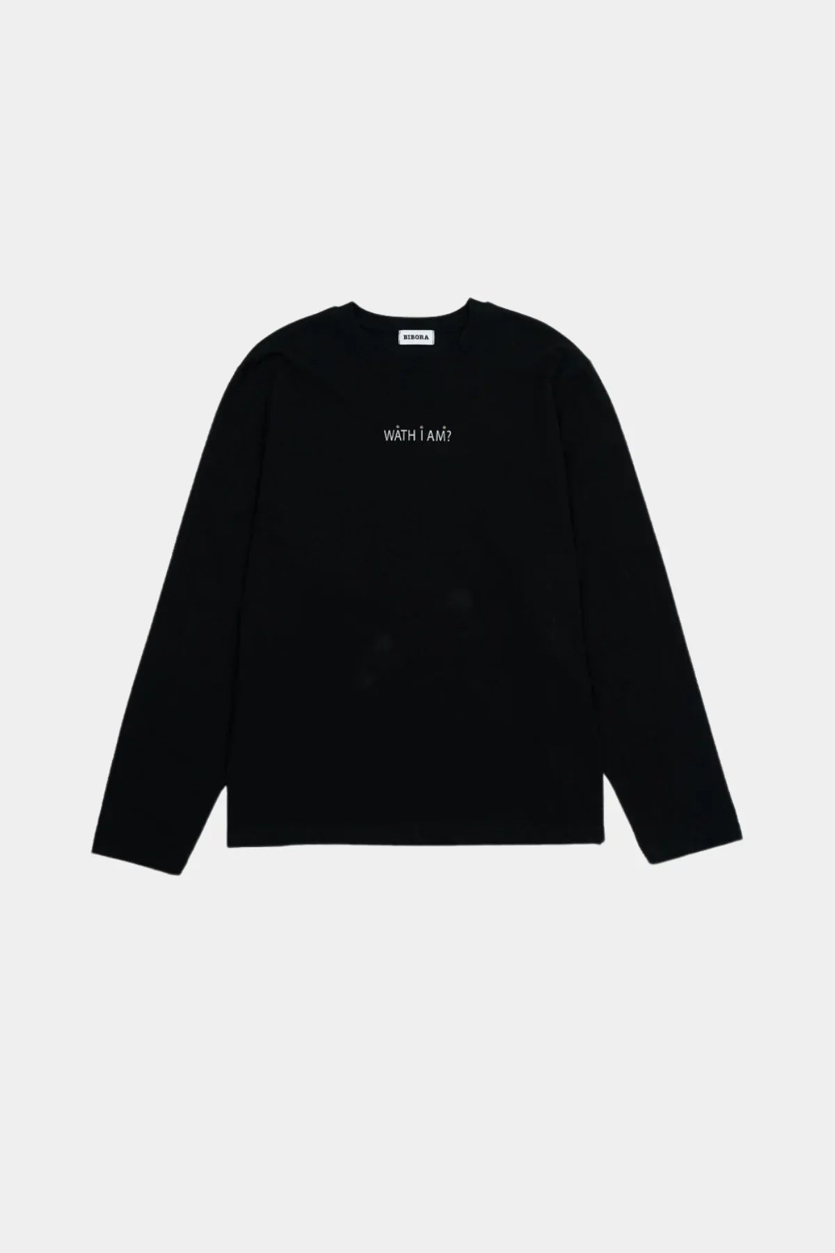 Black long sleeve t-shirt with white text 'WATH I AM?' on front and ribbed crew neckline