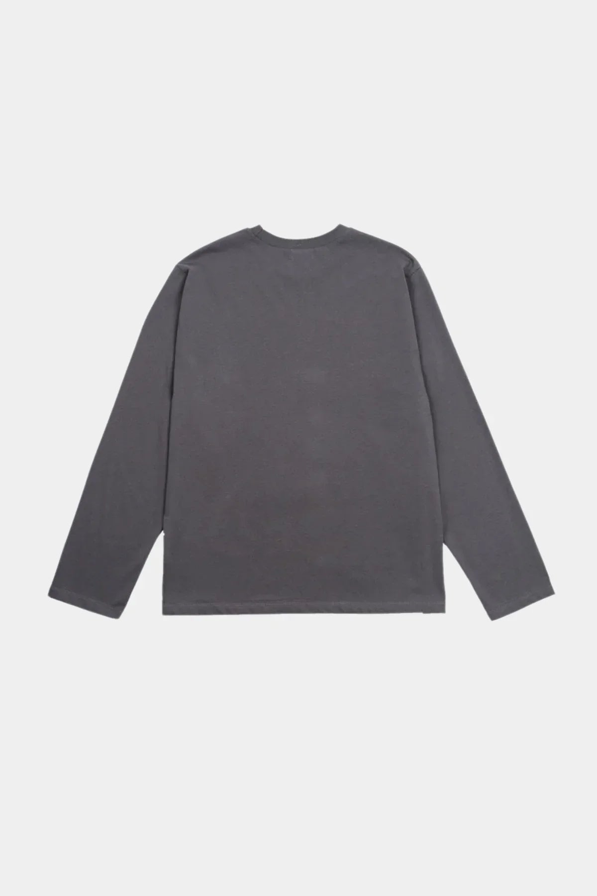 Back view of plain dark gray long sleeve crewneck t-shirt on white background