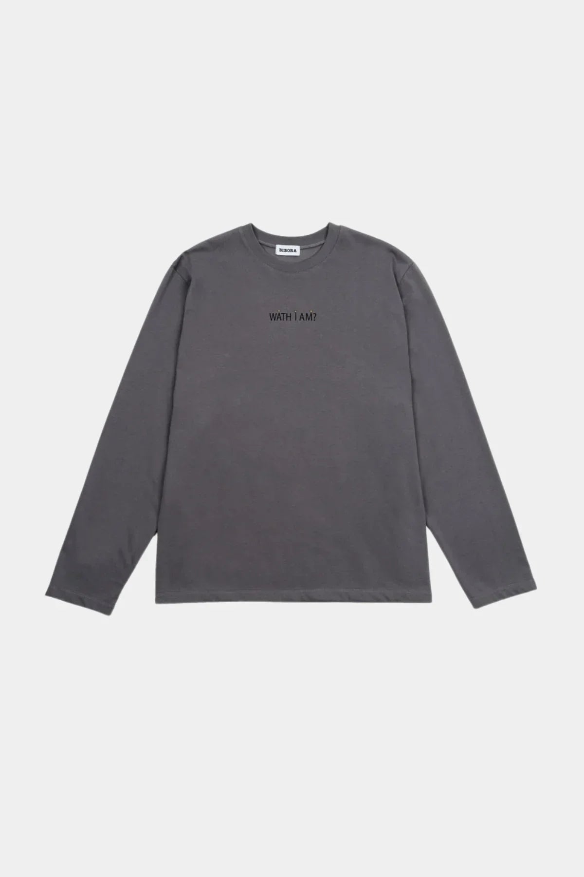 Gray long sleeve T-shirt with black text 'WATH I AM?' centered on chest, laid flat on white background