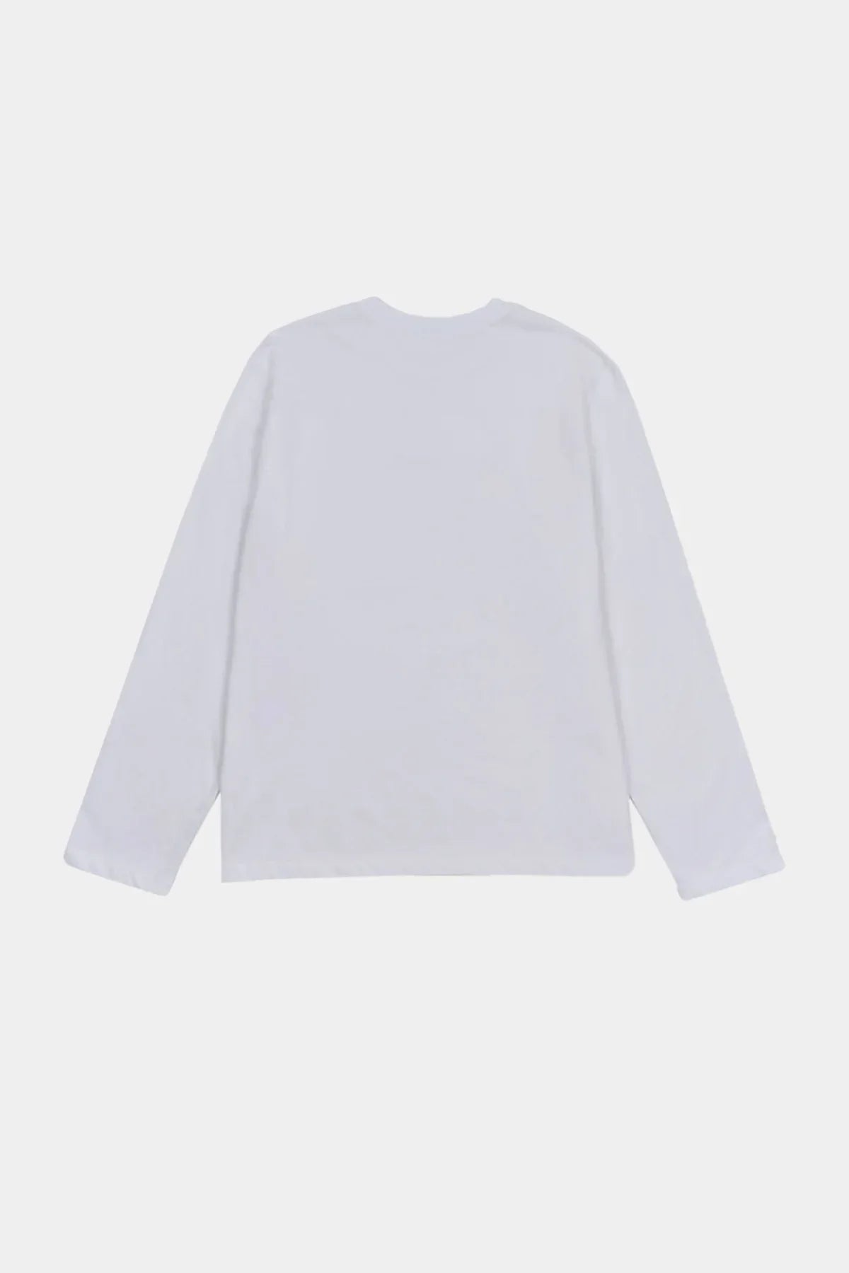 Plain white long sleeve t-shirt displayed flat showing the back side on light background