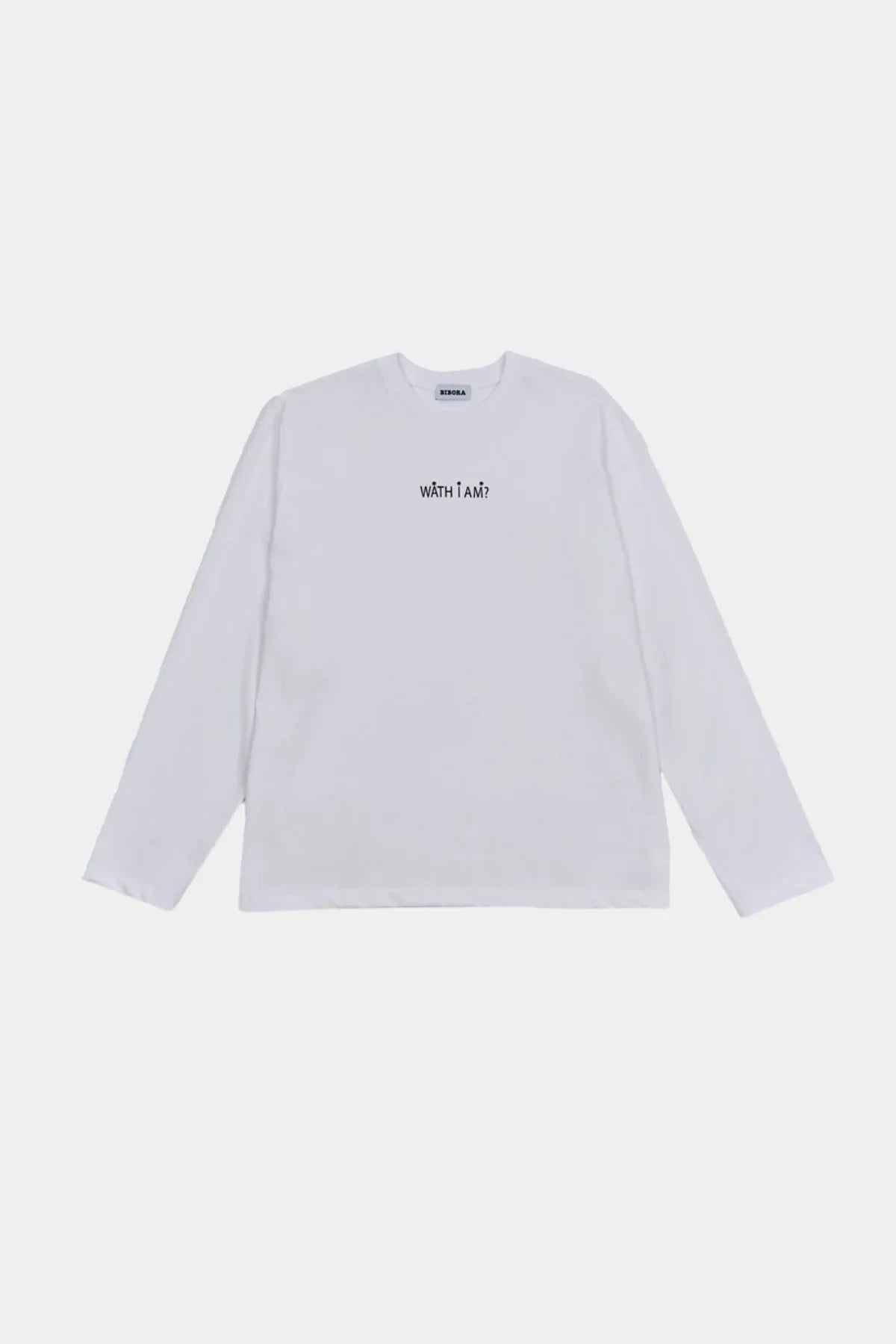 White long sleeve t-shirt with black text "WÂTH I AM?" printed on chest