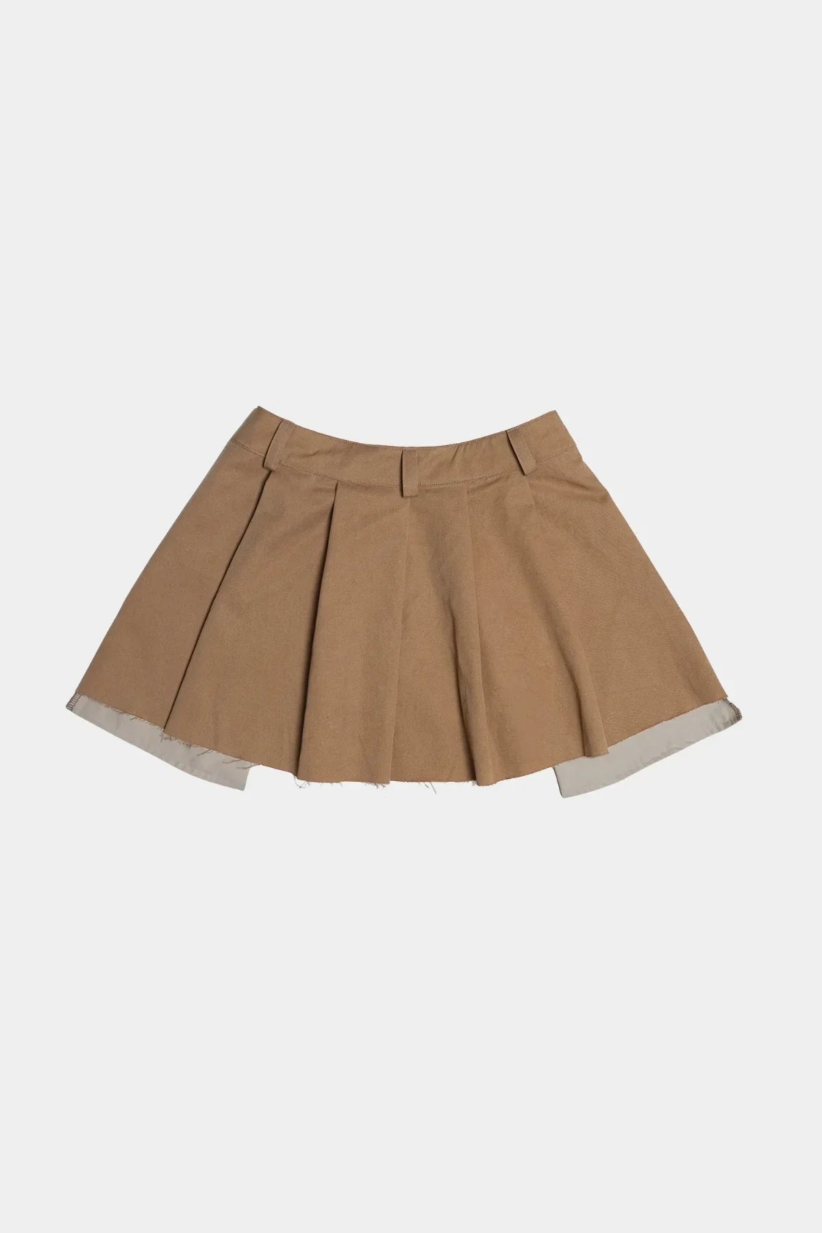 Beige wide tuck mini skirt flat lay with belt loops and pleats on white background