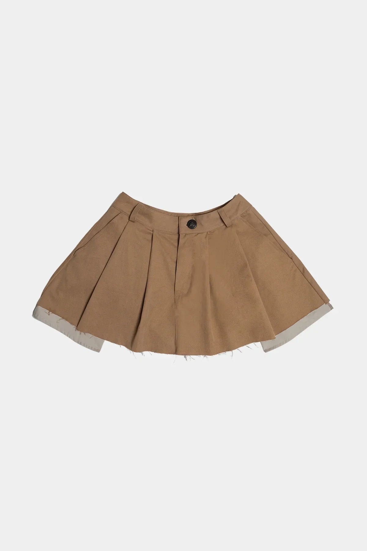 Beige wide tuck mini skirt with pleats and single button closure on white background