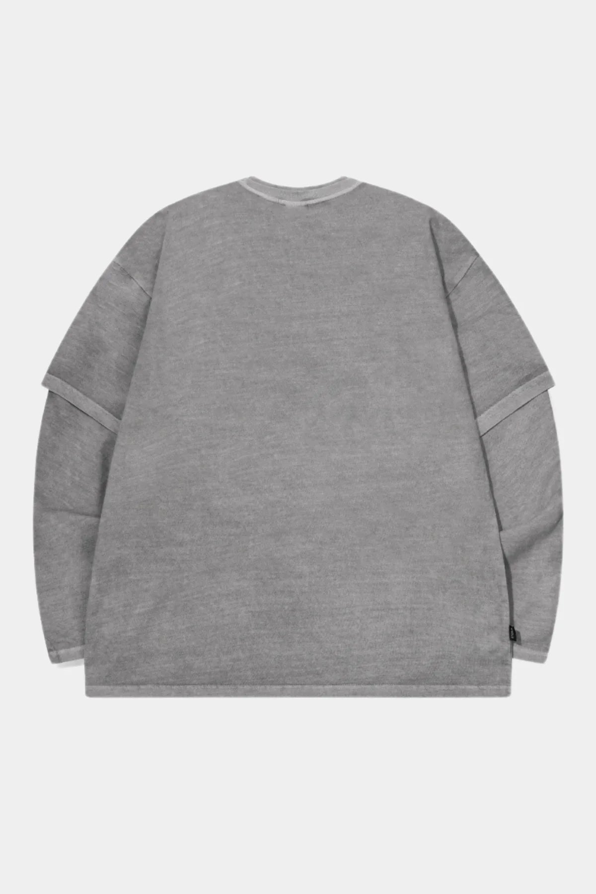Back view of a ghost gray layered long sleeve sweatshirt with dropped shoulders on white background