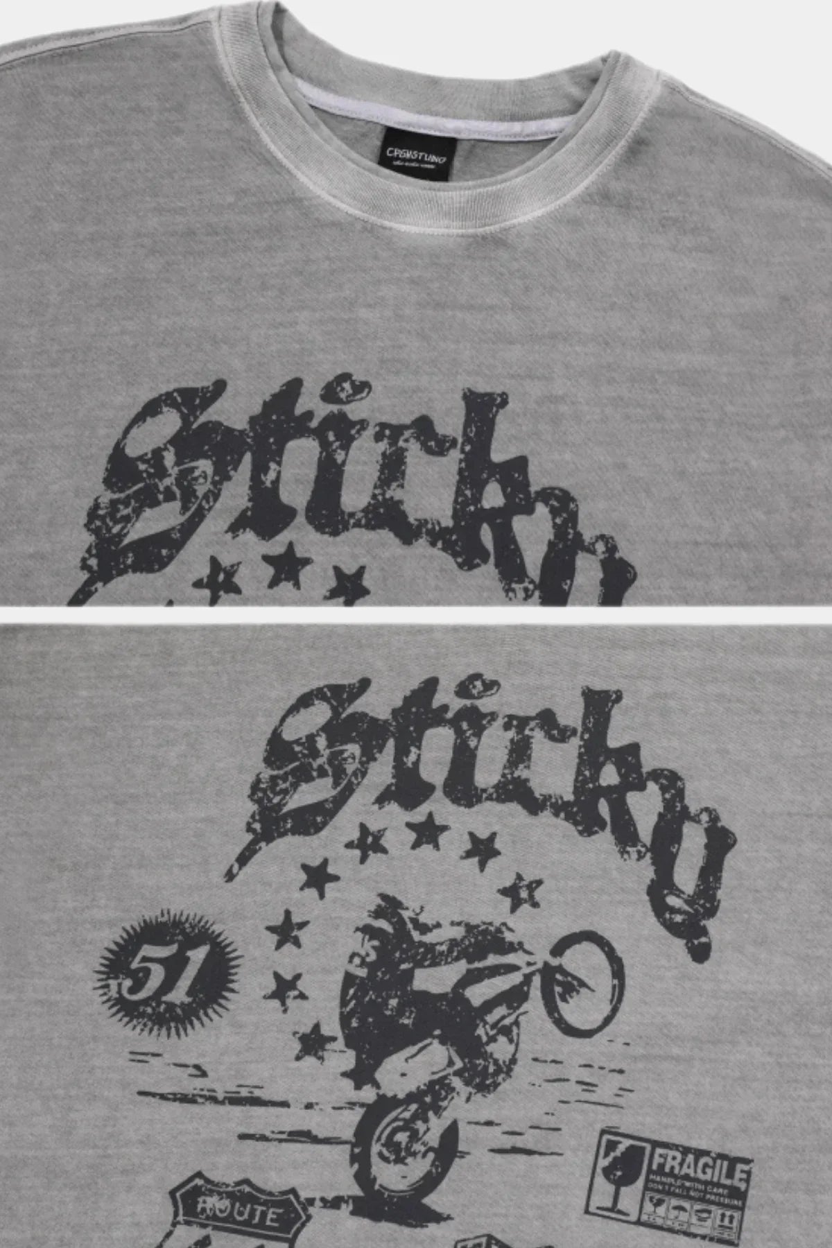 Ghost gray long sleeve shirt with black distressed Stitch graphic and motorcycle design