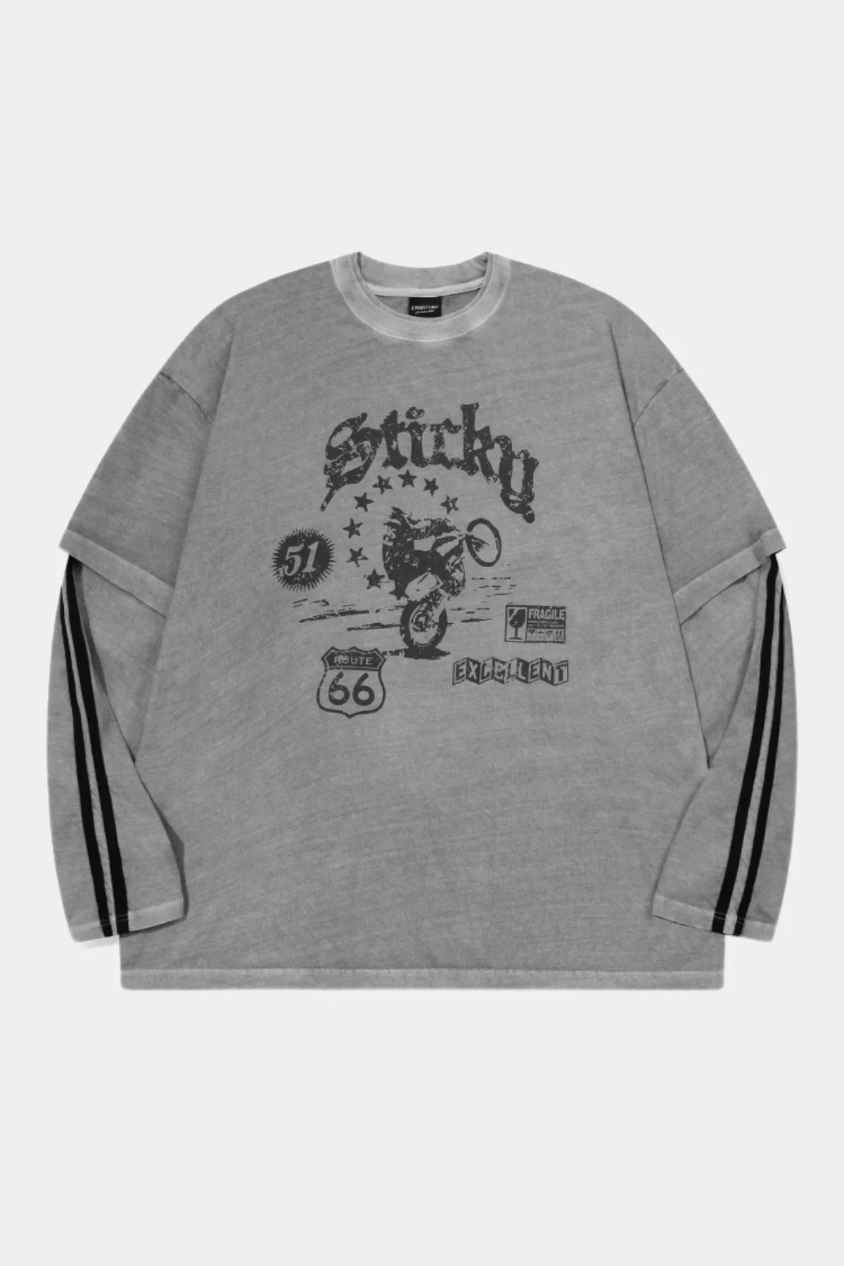 Ghost gray long sleeve layered top with black stripes and motorcycle graphic print