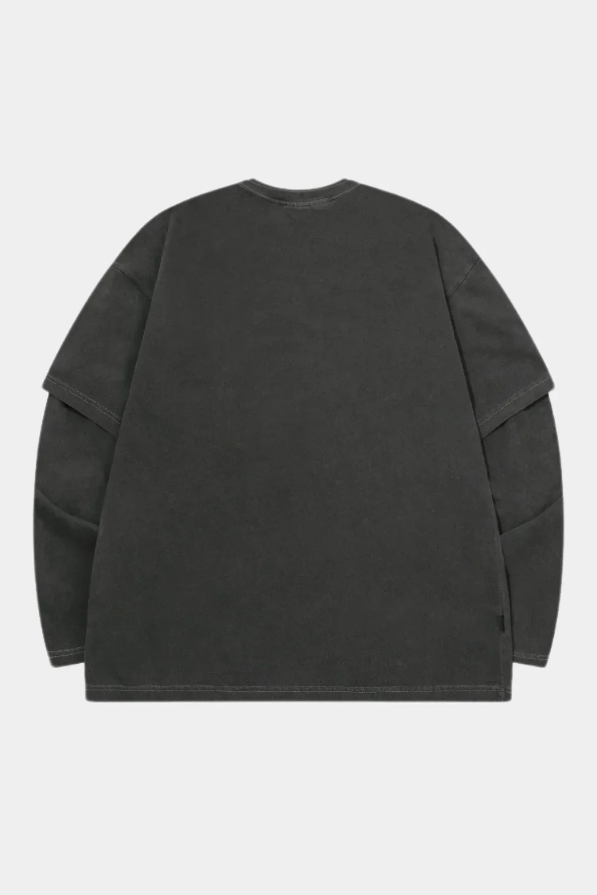 Back view of black layered pigment long sleeve sweatshirt on white background
