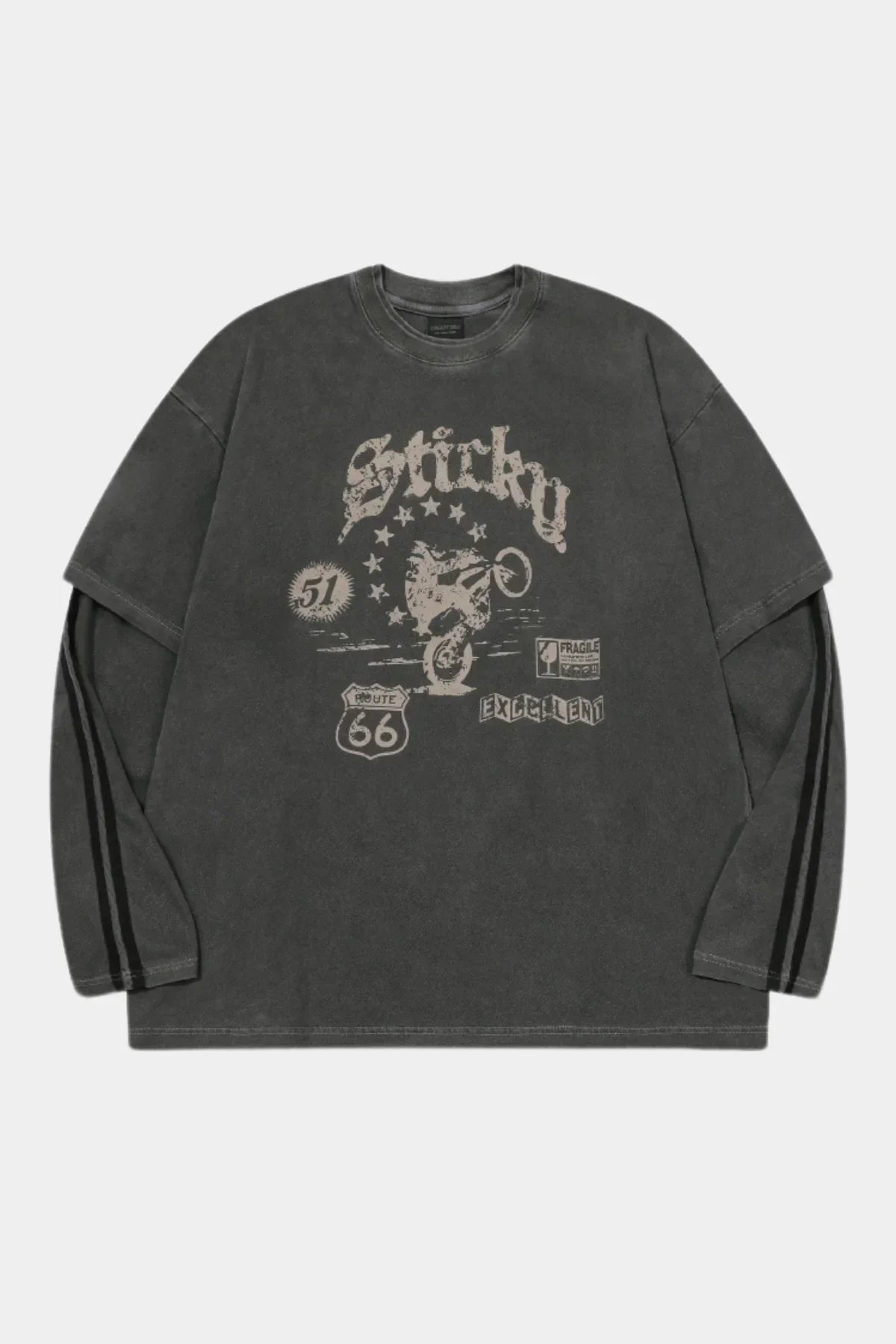 Smoke black layered long sleeve shirt with motocross print and Route 66 graphics