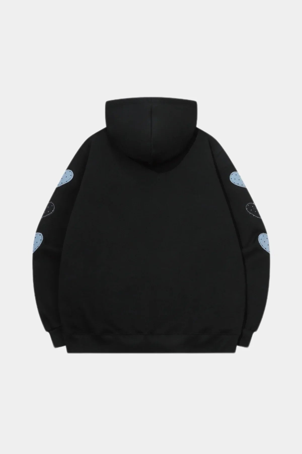 Black hoodie with blue and black corduroy heart patches on sleeves, back view