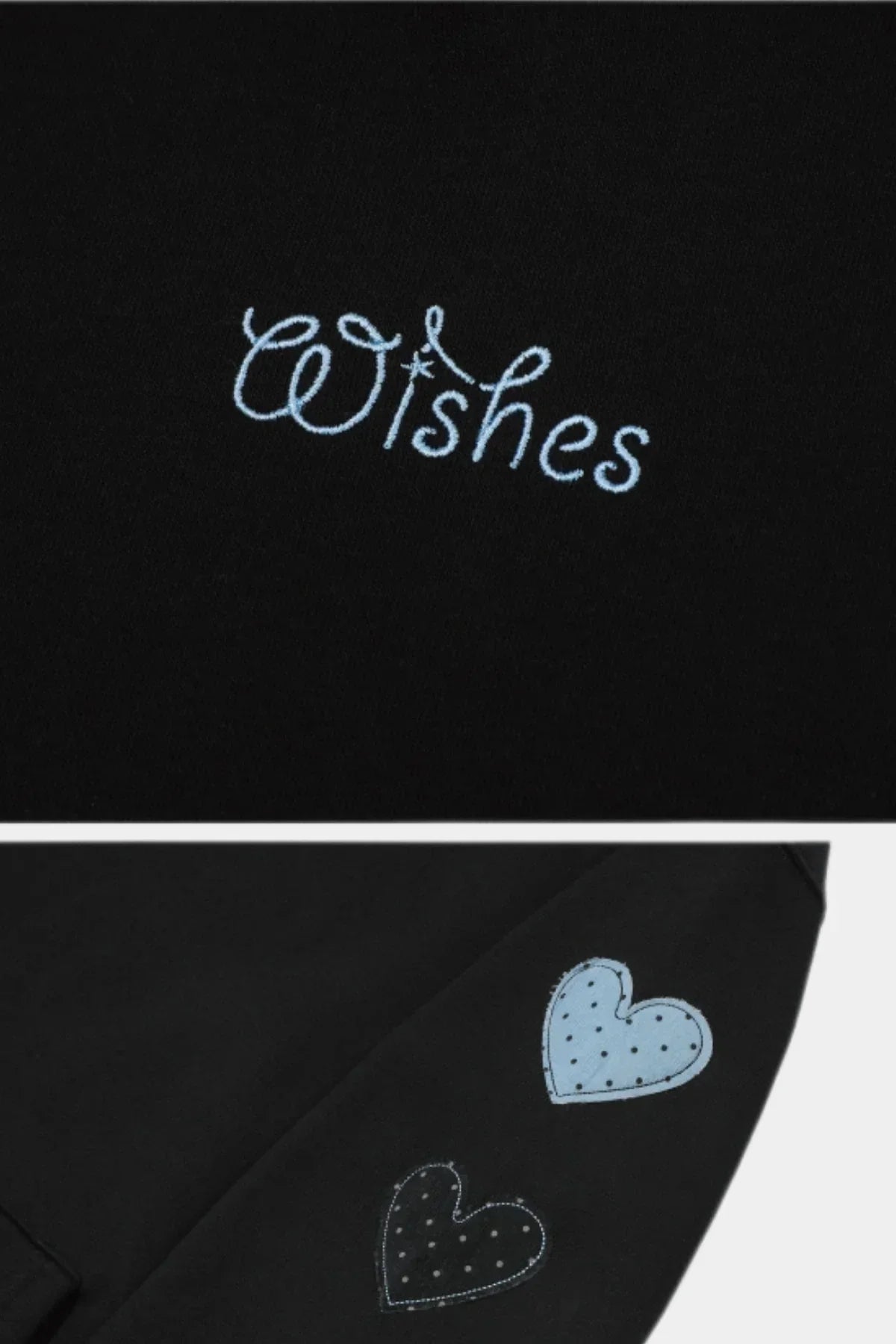 Black hoodie with light blue embroidered 'Wishes' text and polka dot heart patches on sleeve