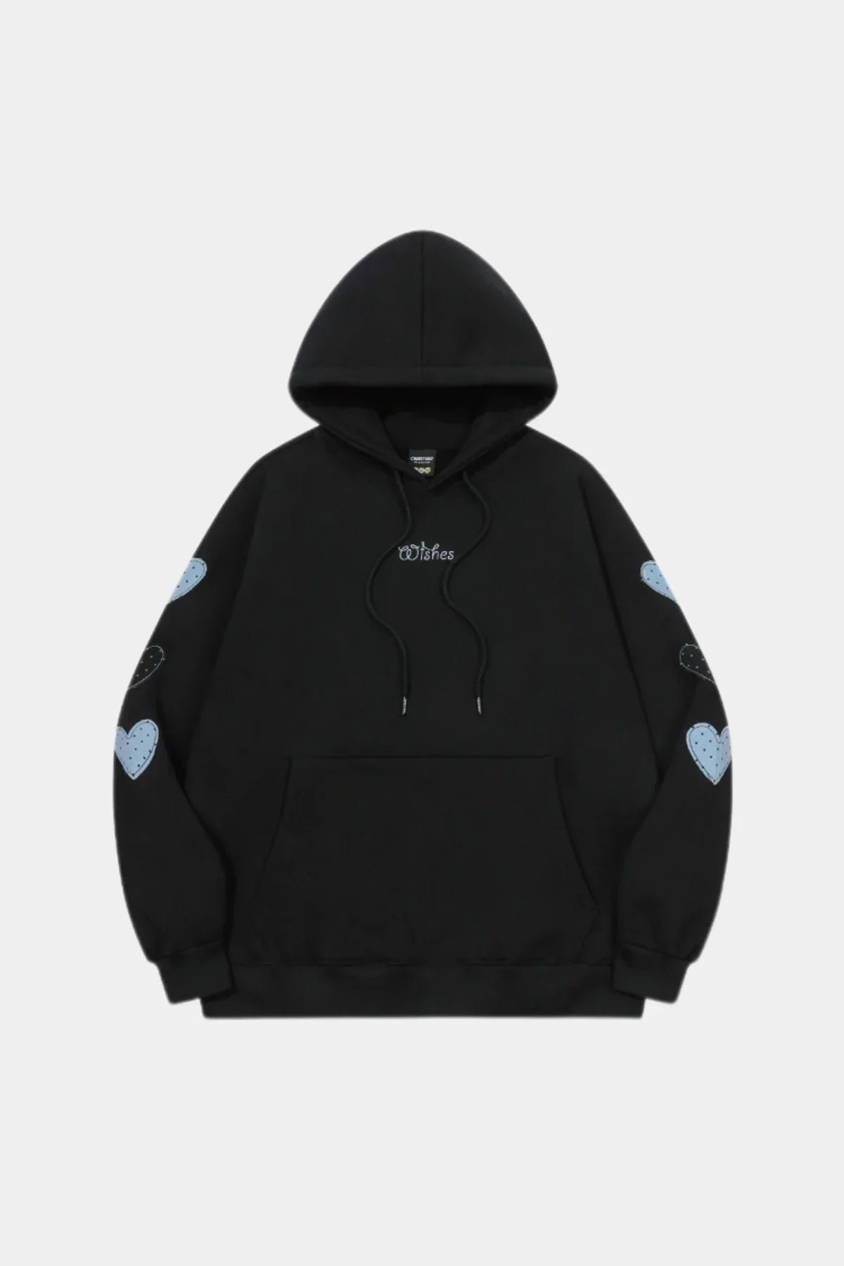 Black hoodie with blue and black heart patches on sleeves and "Wishes" text on front chest
