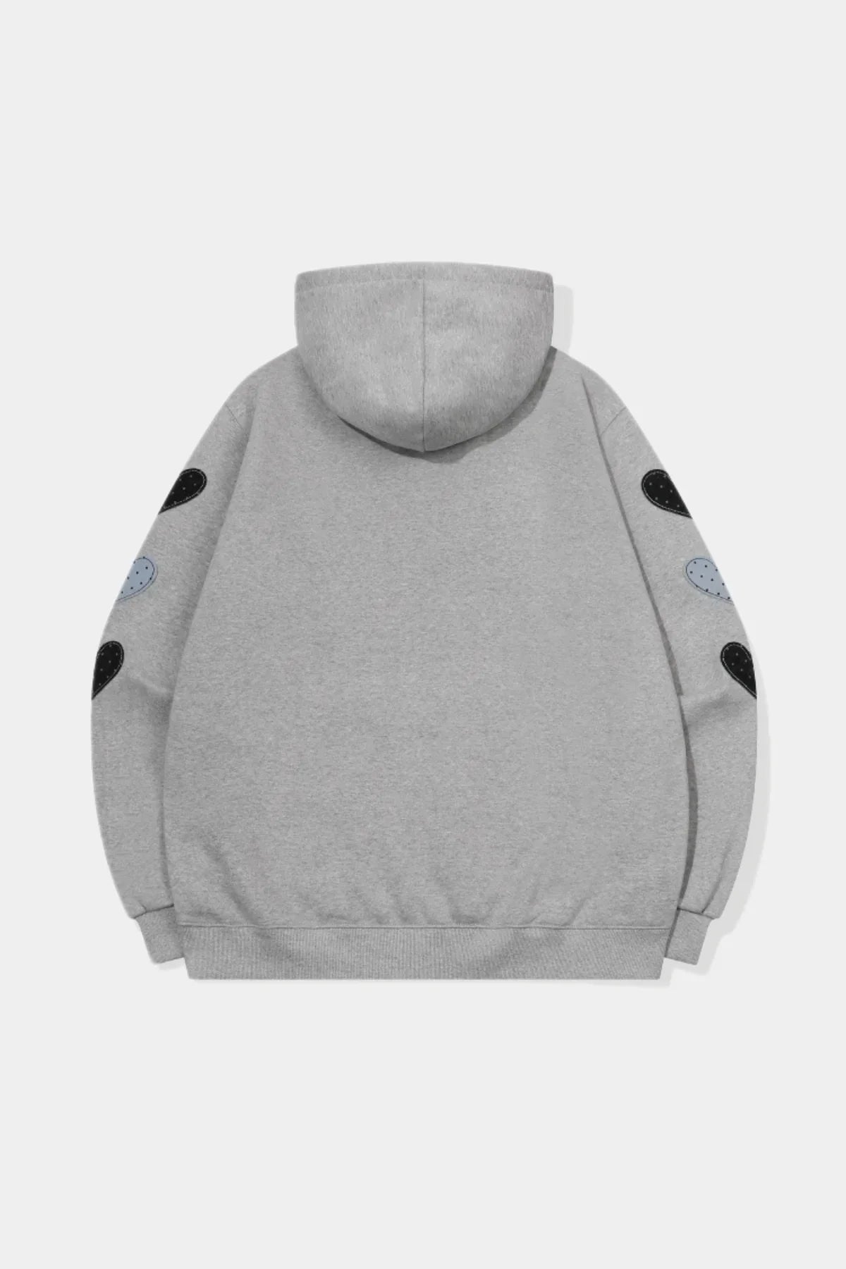 Gray hoodie with patchwork heart designs on the sleeves, shown from the back
