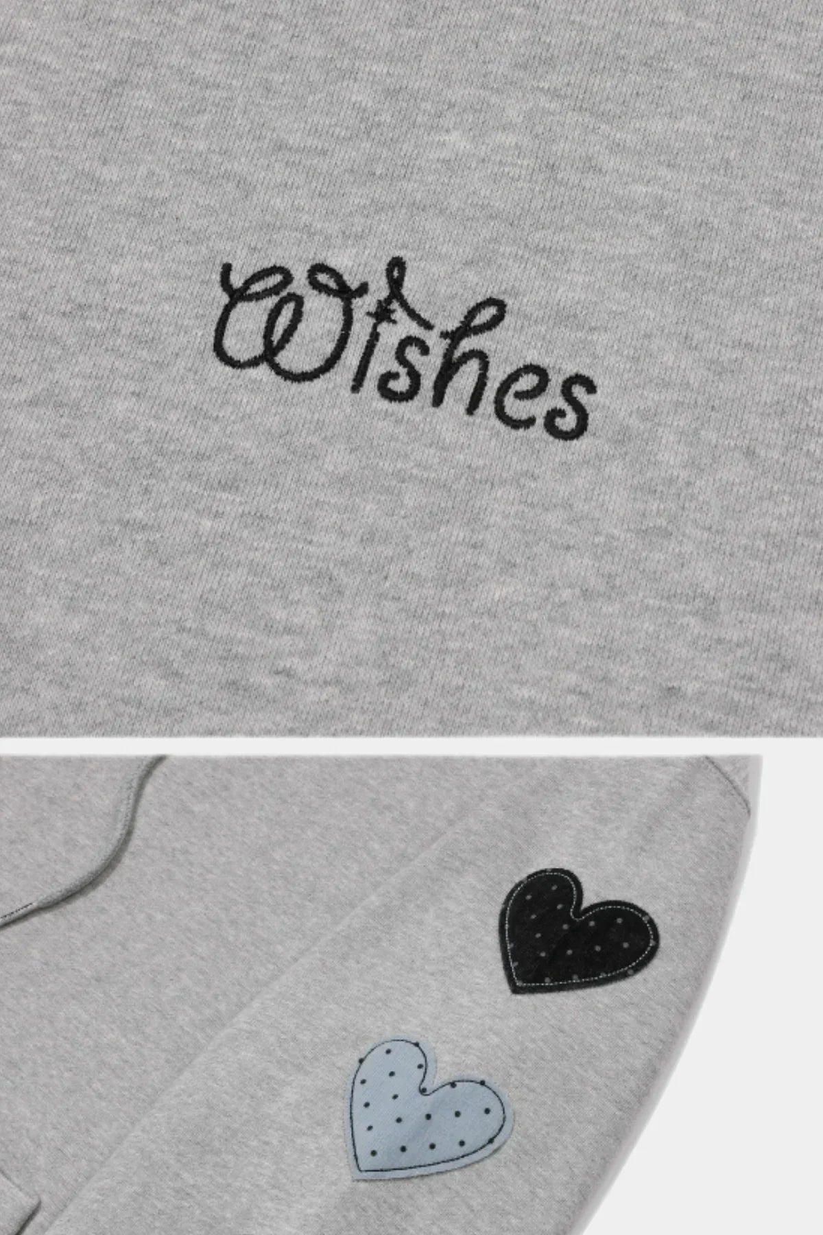 Gray hoodie with black embroidered 'Wishes' text and two heart-shaped patches on the sleeve
