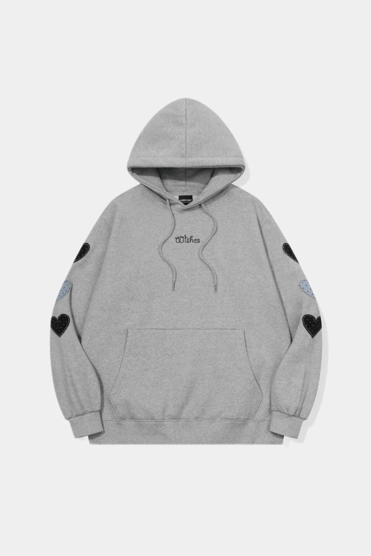 Gray hoodie with front pocket, black and blue heart patches on sleeves, and "Wishes" embroidery