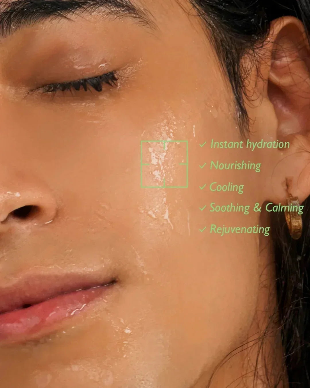 Close-up of hydrated skin with water droplets highlighting instant hydration, nourishing, cooling, soothing, and rejuvenating effects