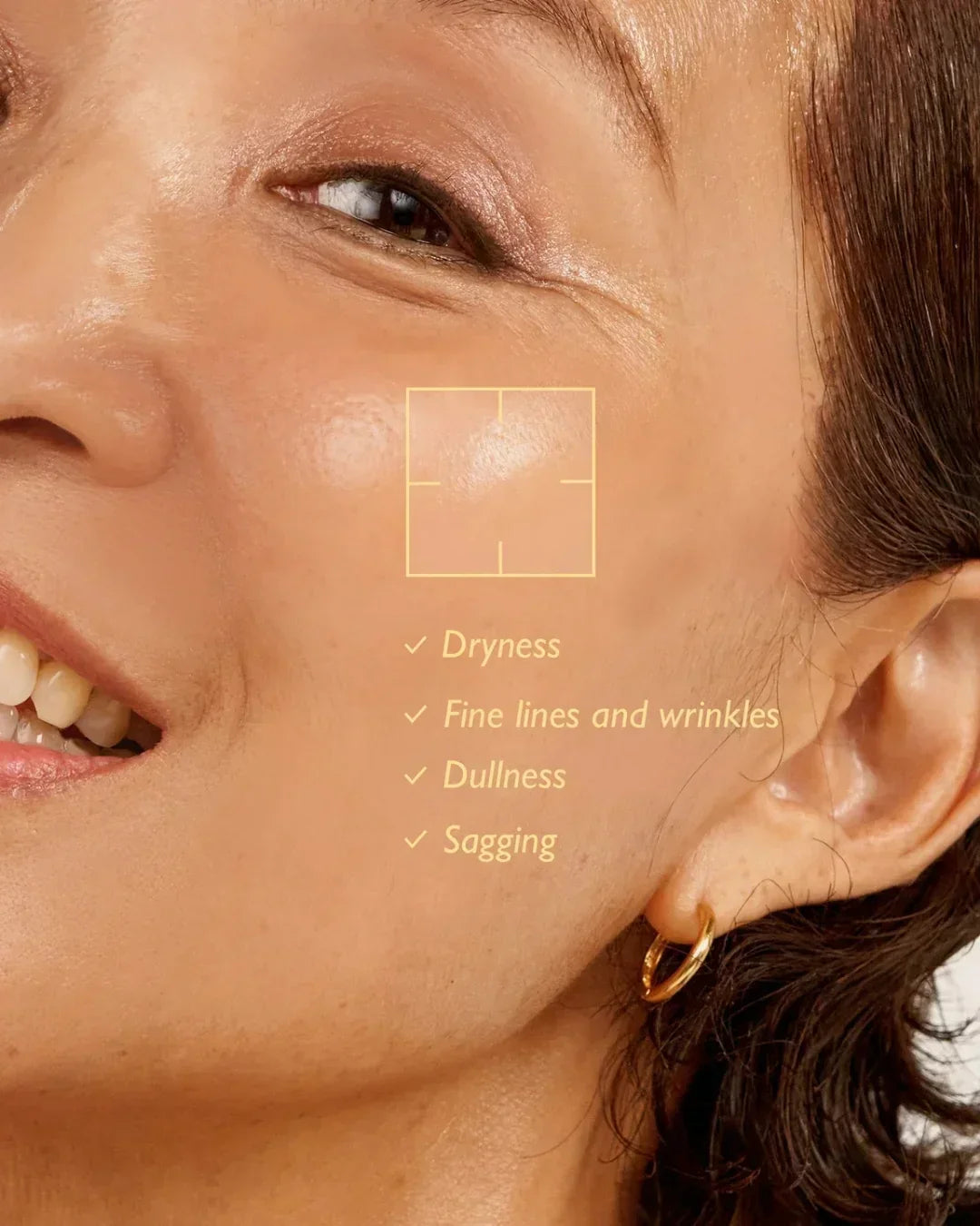Close-up of smiling woman's face highlighting skin concerns: dryness, fine lines, dullness, and sagging