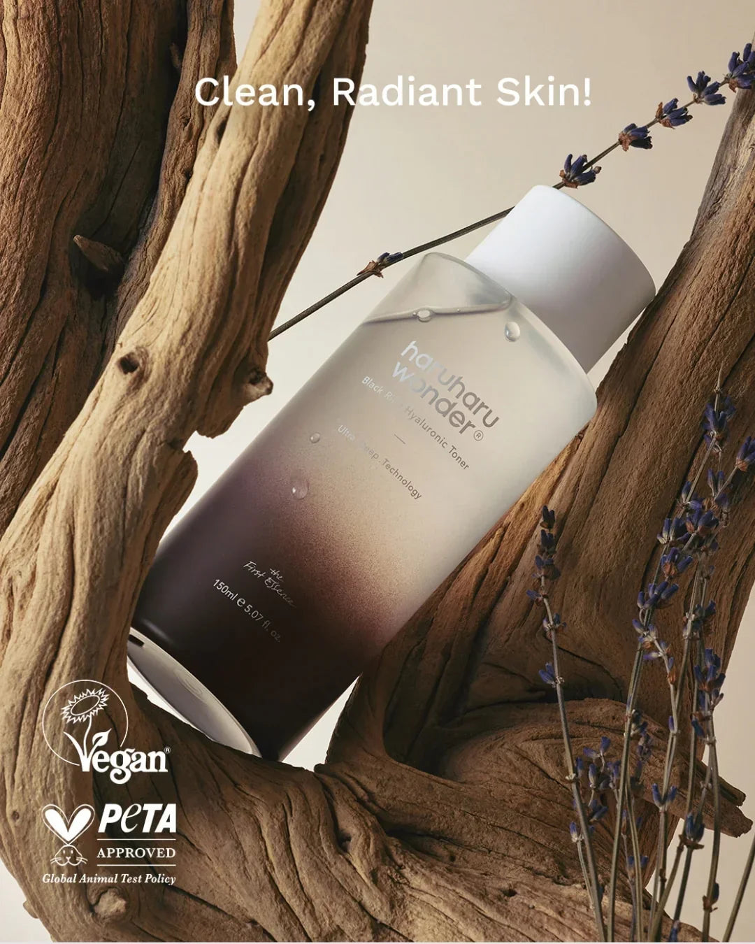 Haruharu Wonder Black Rice Hyaluronic Toner bottle with wooden branches and lavender, vegan and PETA approved
