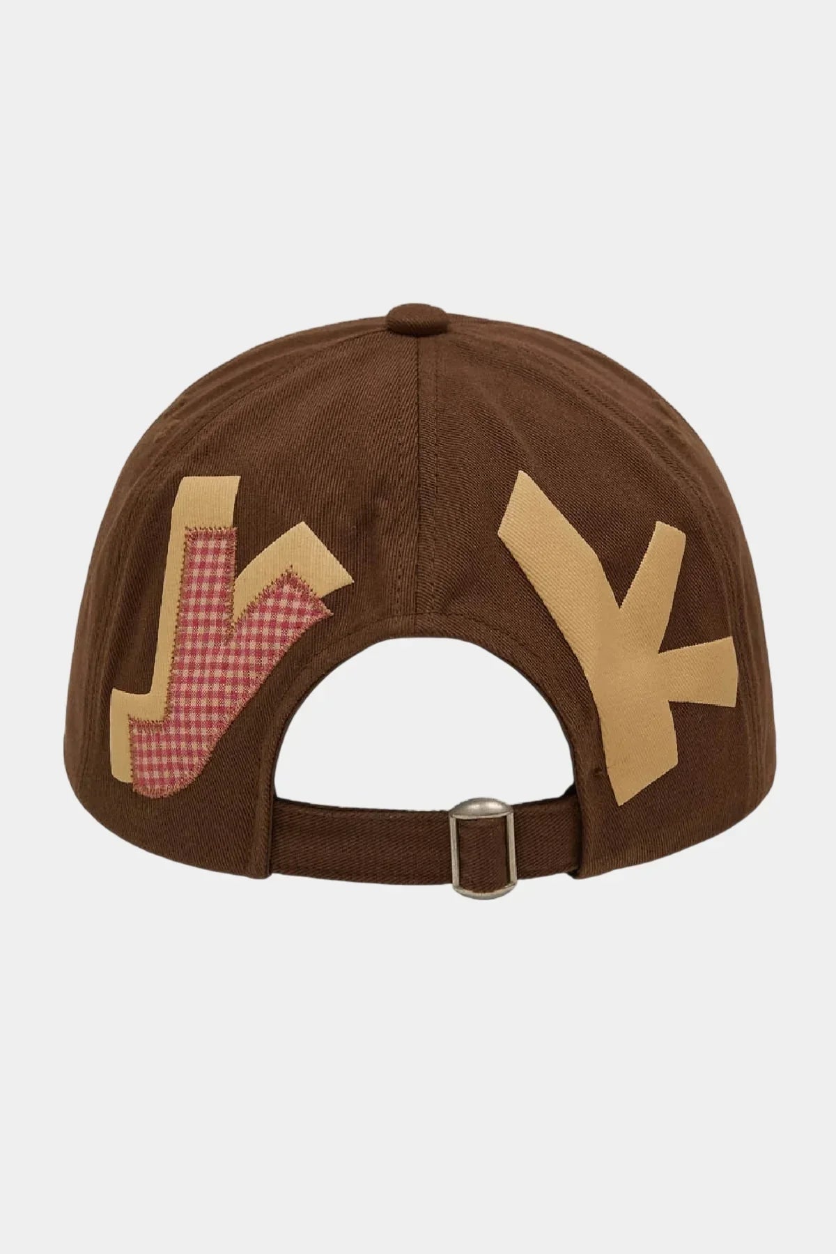 Brown Korean fashion ball cap with check applique and adjustable strap, rear view