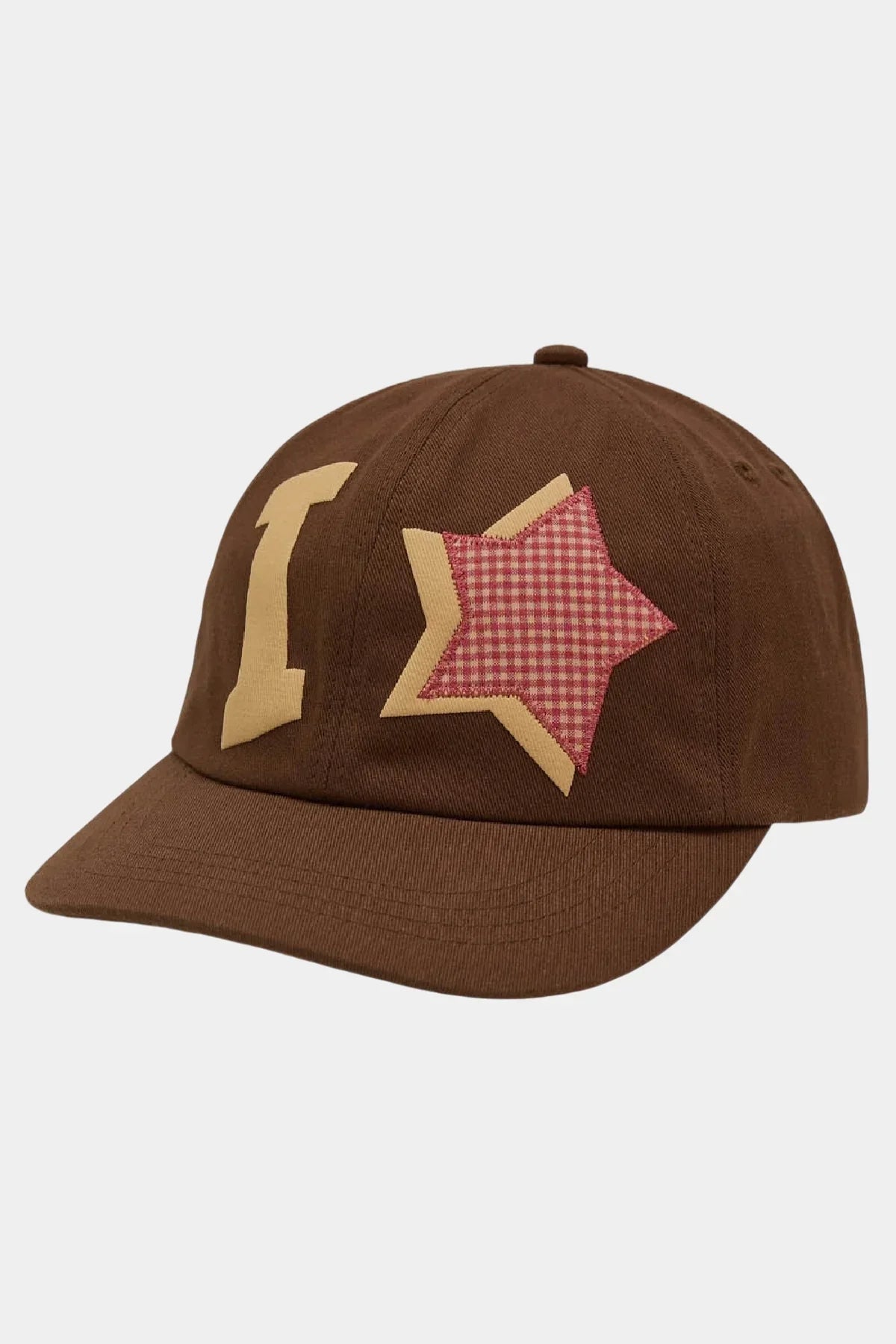 Brown ball cap with yellow applique letter and red gingham star, Korean fashion accessory