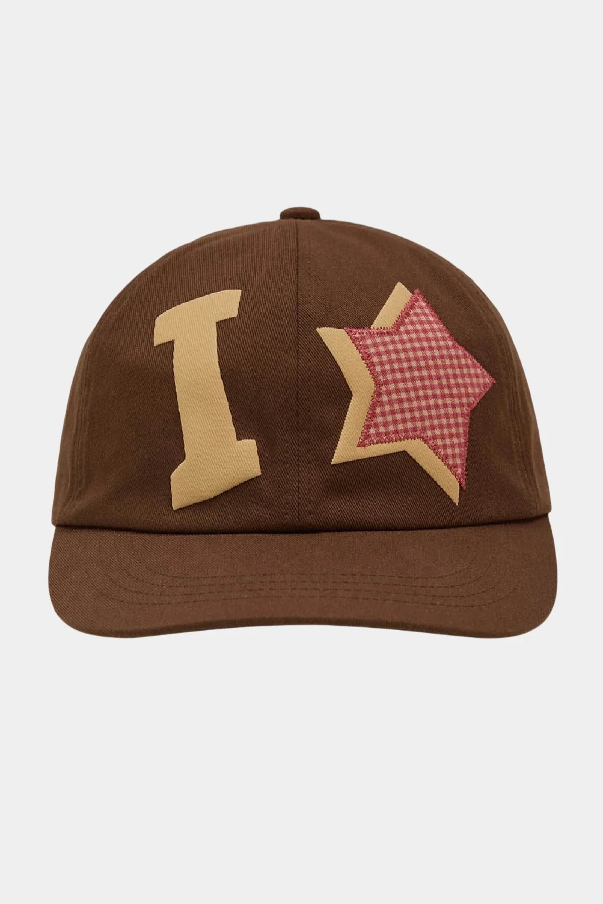 Brown ball cap with yellow check applique letter and star, Korean fashion from Malkn