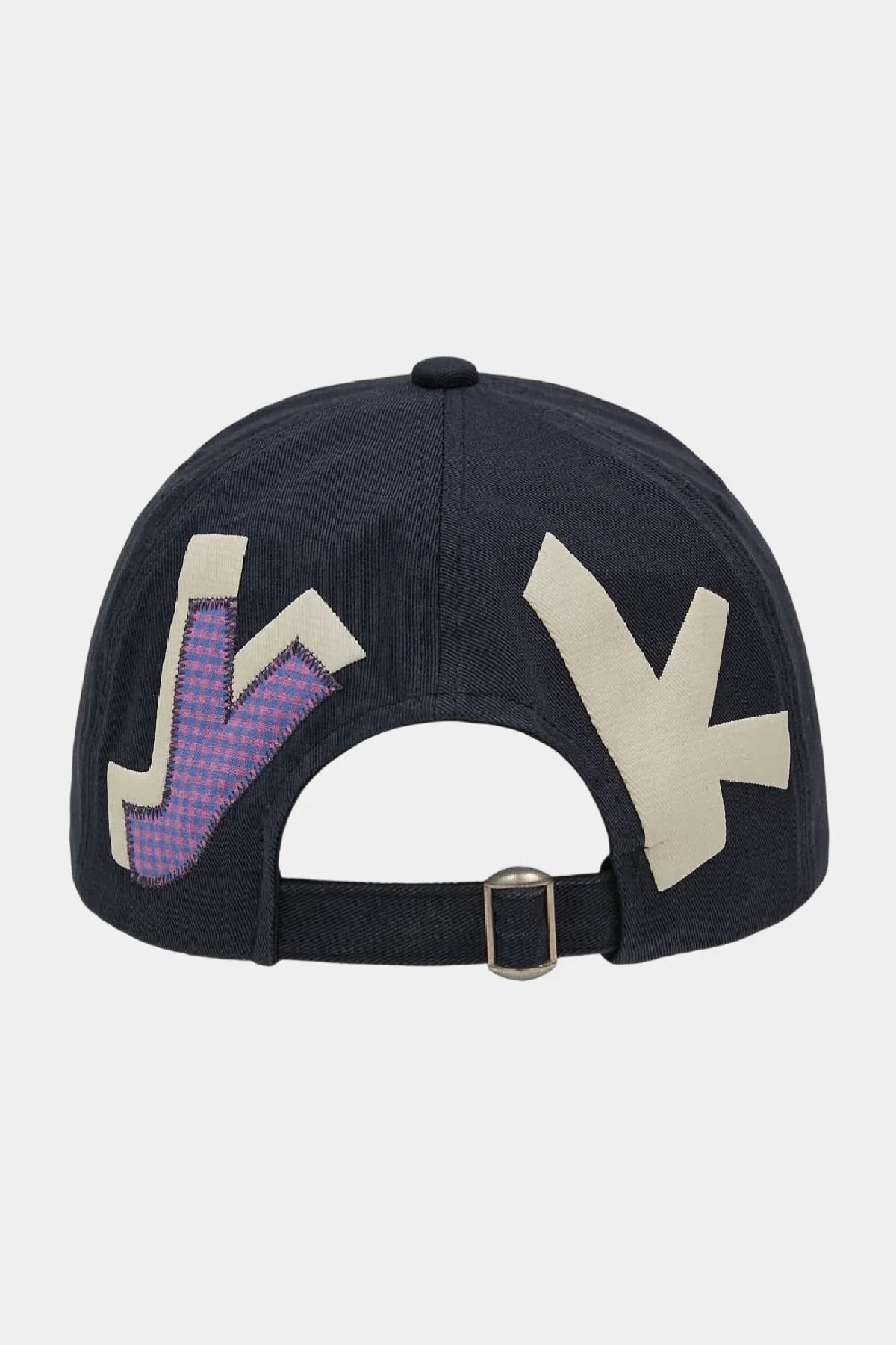 Back view of navy ball cap with bold YK check appliqué, Korean fashion accessory on Malkn