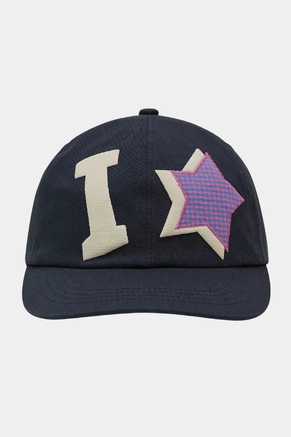 Navy ball cap with checkered purple star and cream applique, Korean fashion style by Malkn