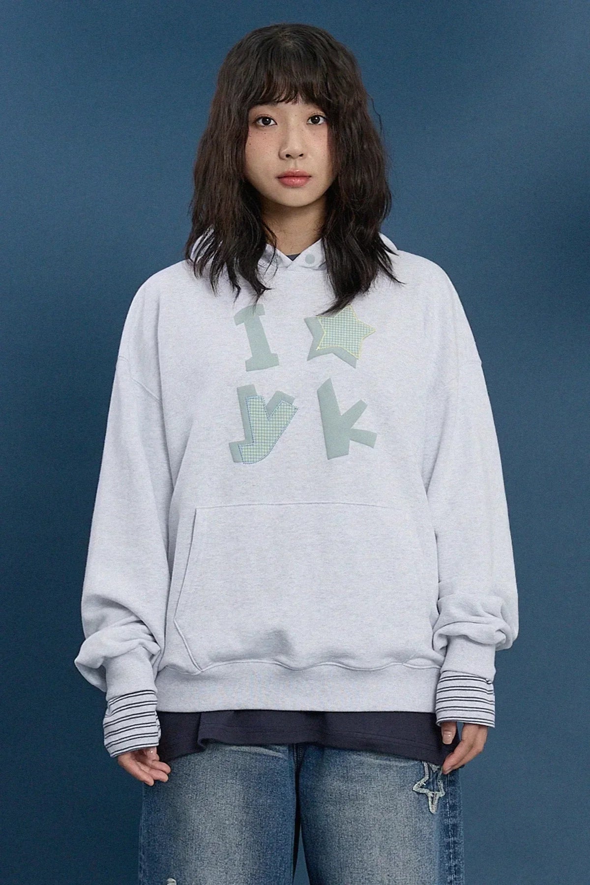 Model wears melange white YK check applique hooded sweatshirt, Korean fashion, Malkn UK