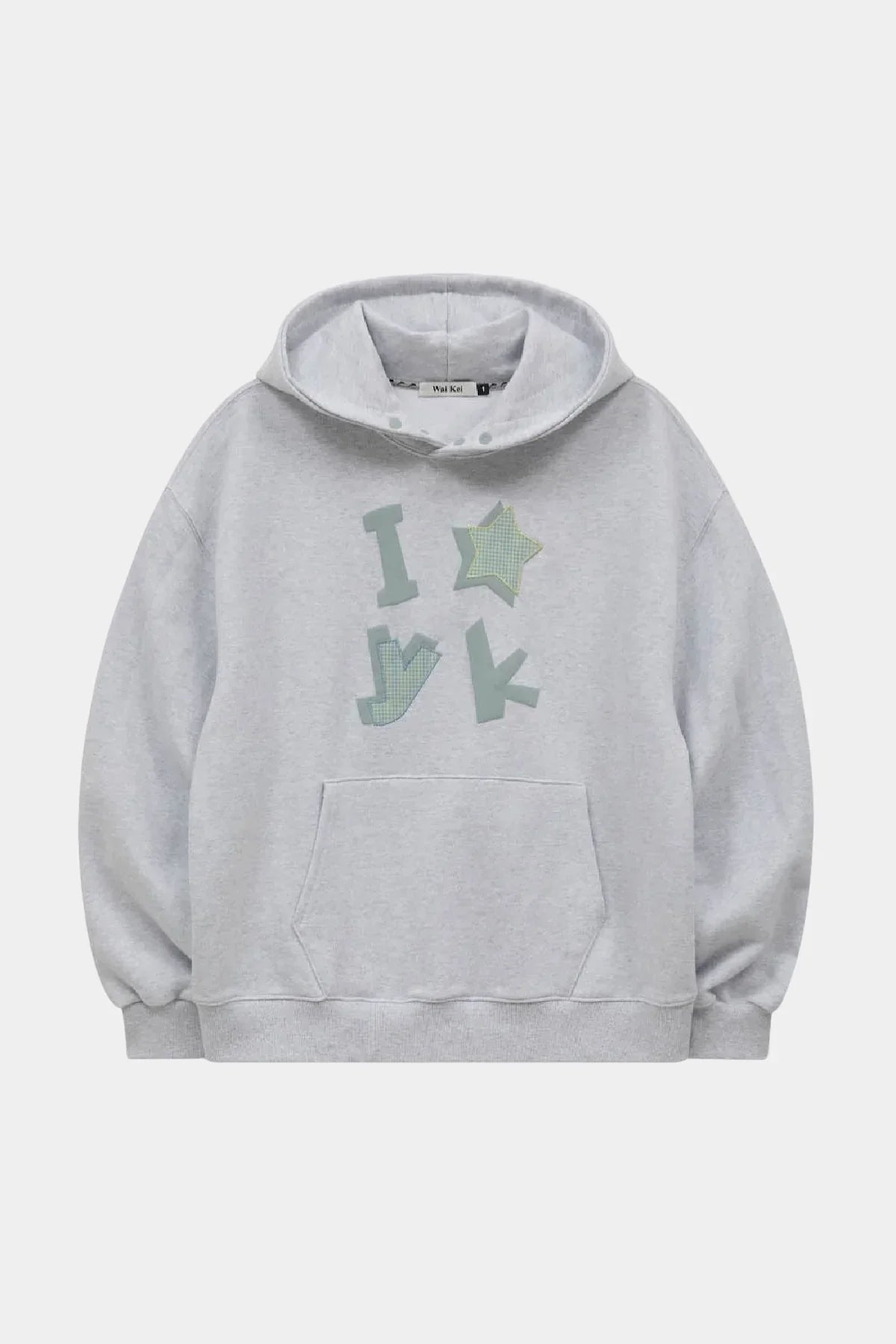 Light grey Wai Kei hoodie with green check applique and kangaroo pocket, Korean fashion style