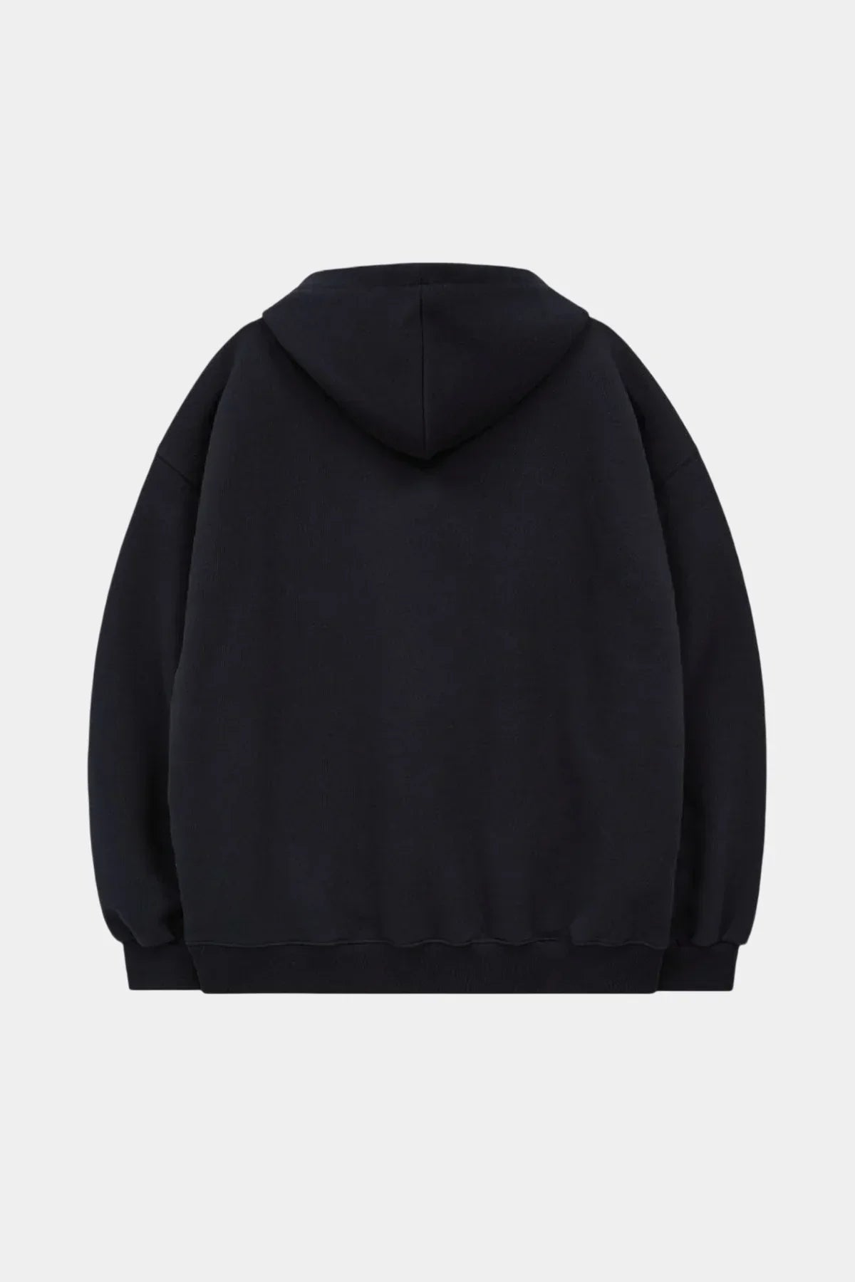 Back view of a navy blue oversized hoodie with hood, Korean fashion style from Malkn.