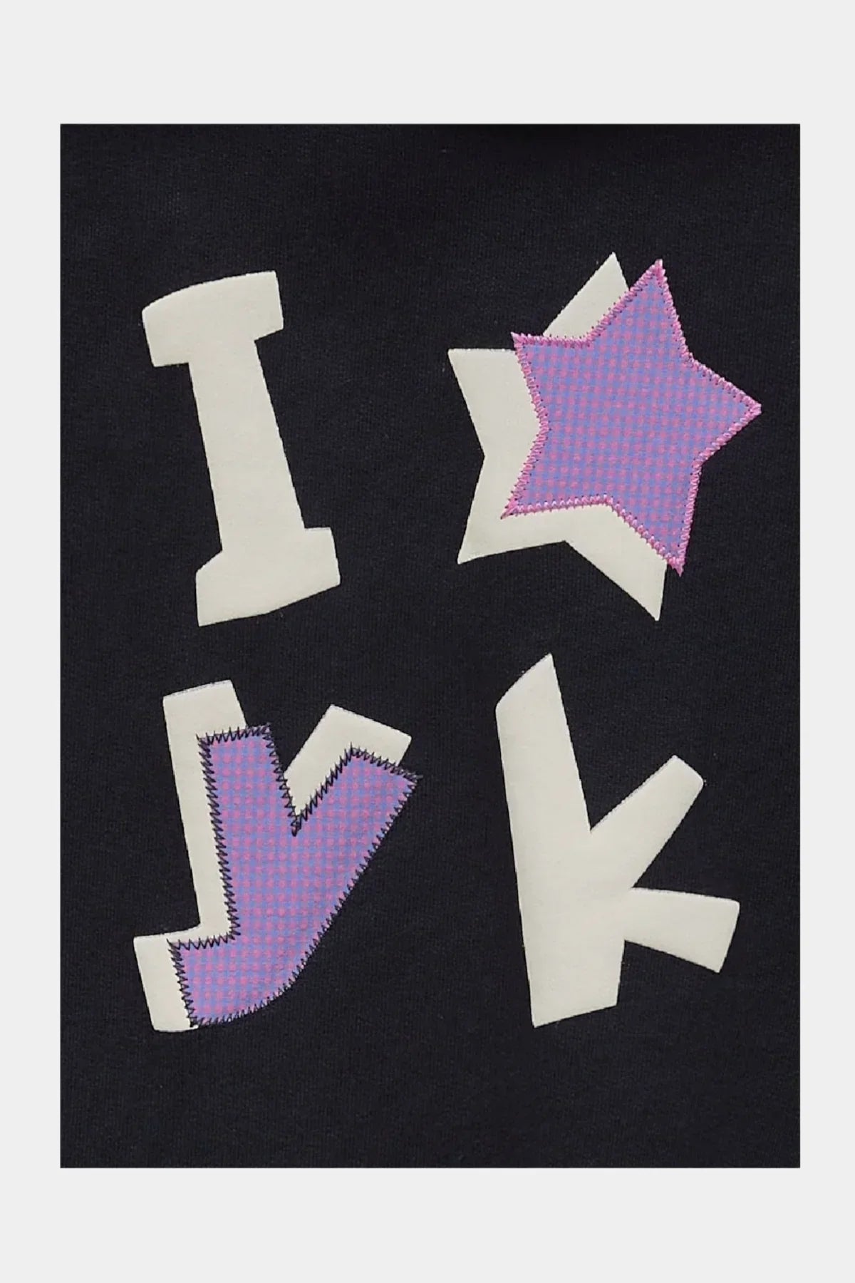 Navy hoodie detail with bold applique letters and star, Korean fashion style from Malkn