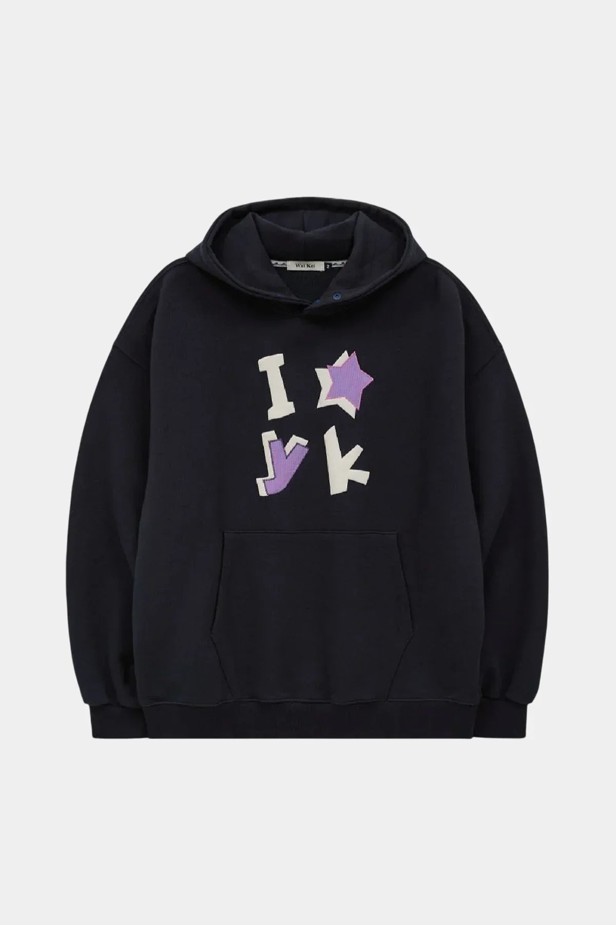 Navy blue hoodie with colorful 'IYK' applique details, Korean fashion, Malkn lifestyle platform